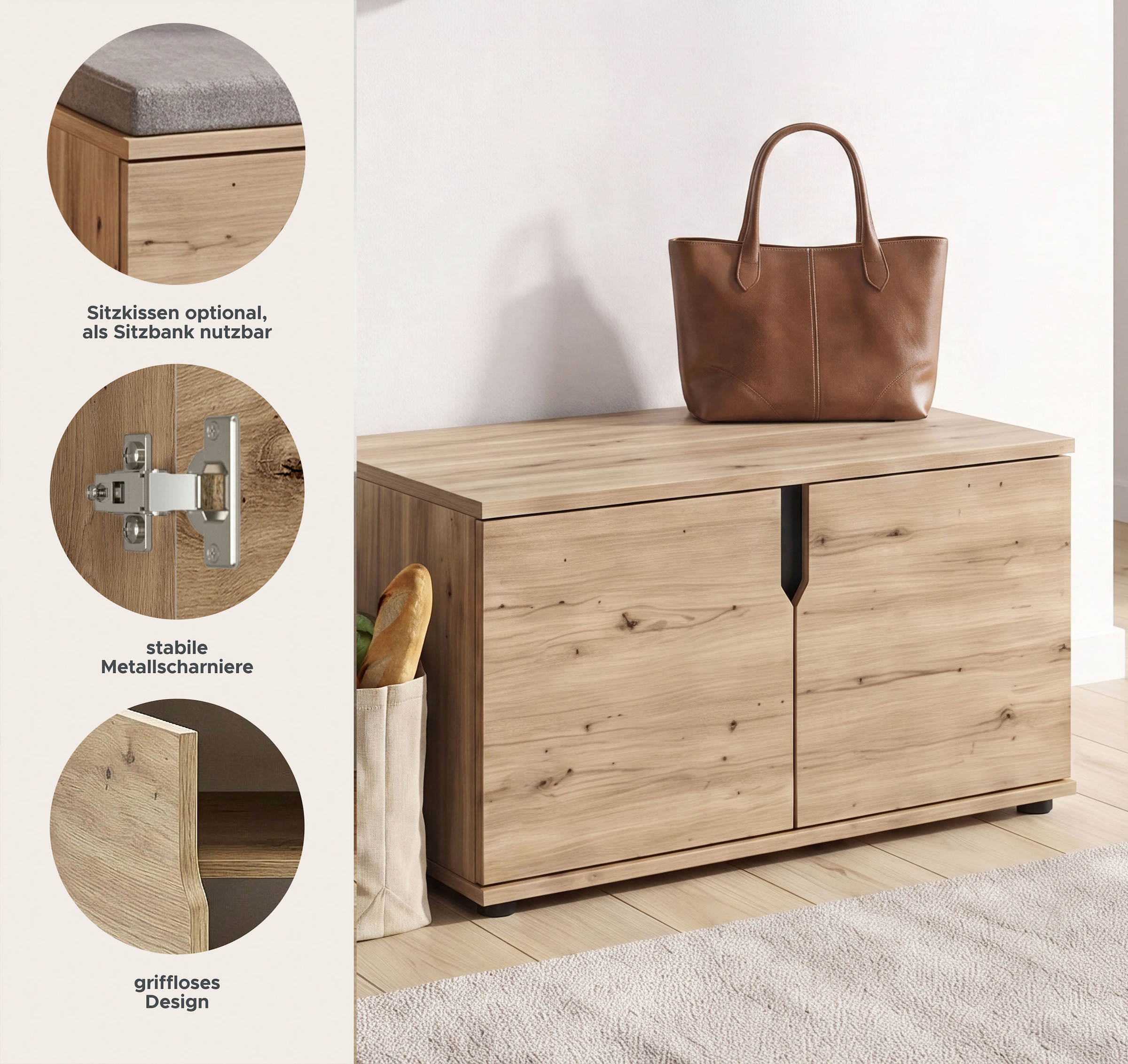 GOODproduct Sitzbank »FJELL, Breite 80cm, 2 Türen, 2 Einlegeböden, 4 Fächer« Bank Truhe, Kommode, Garderobenbank, Dielenbank