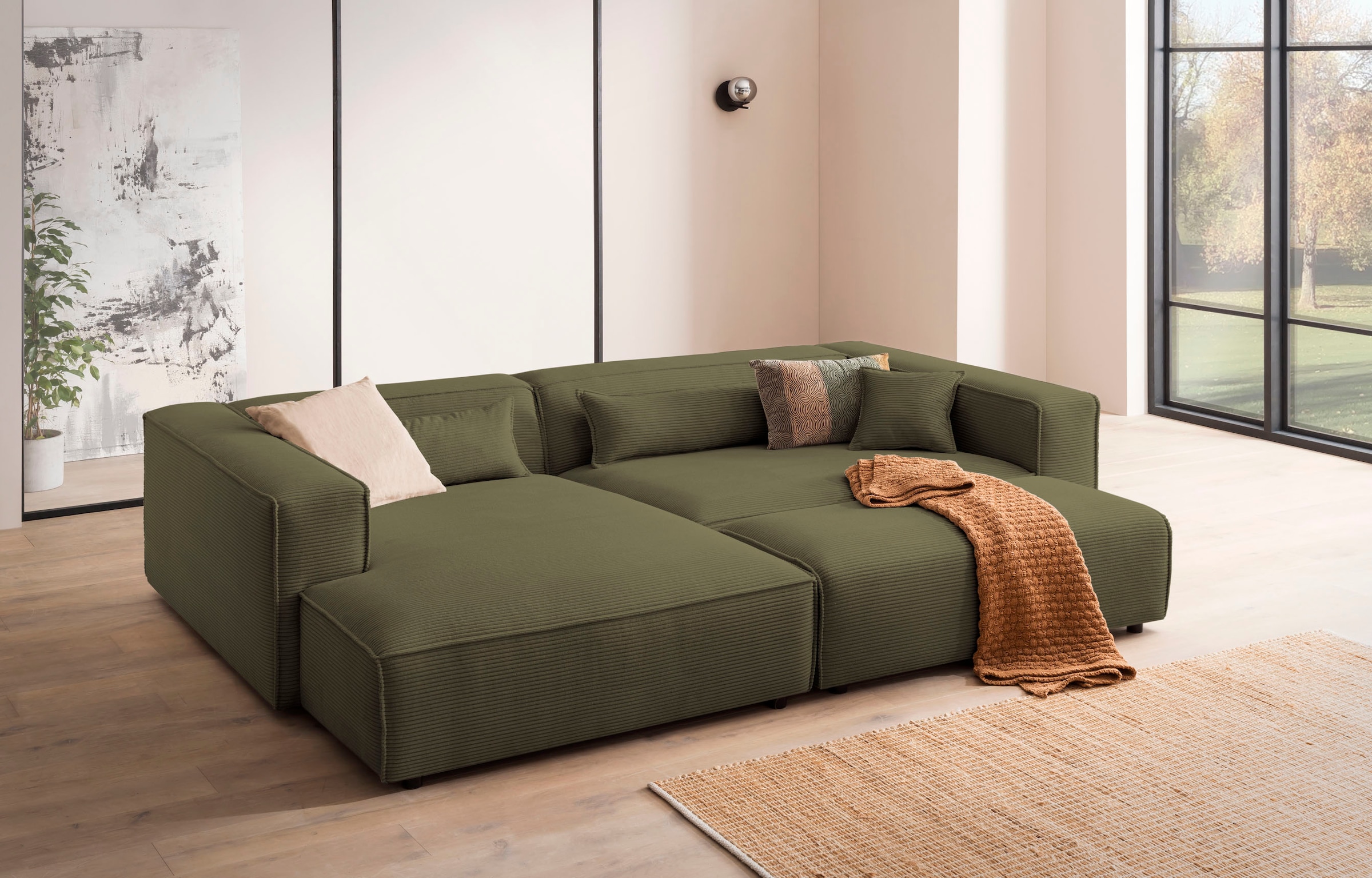 LeGer Home by Lena Gercke Ecksofa »PIARA XXL Cord, L-Form, Schlaffunktion« Hocker stellbar zum Schlafsofa (Krokodilverbinder), tiefe Sitzfläche
