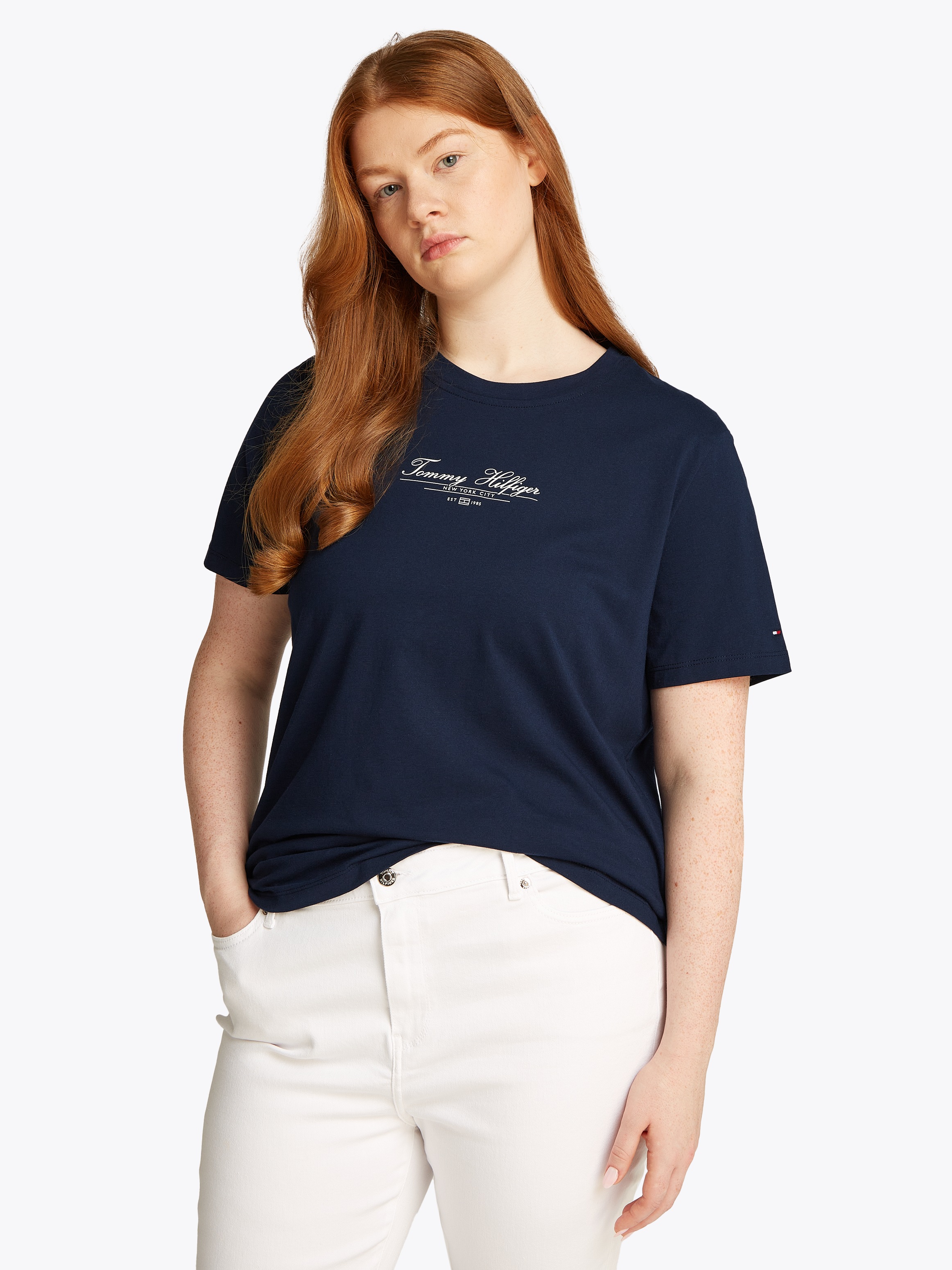 Image of Tommy Hilfiger Curve Rundhalsshirt "CRV REG SCRIPT C-NK TEE SS" in Grossen Grössen, Logoschriftzug