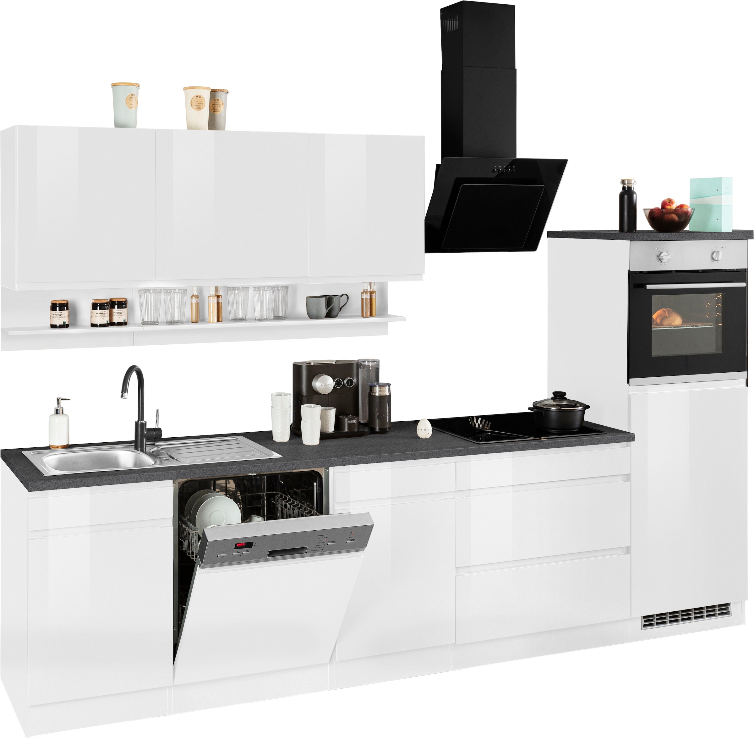 KOCHSTATION Küchenzeile »KS-Virginia,neu in verbesserter Ausführung« Arbeitsplatte 38 mm stark, Stauraum, Softclose,  Breite 300 cm, Soft-Close, wahlweise mit E-Geräten