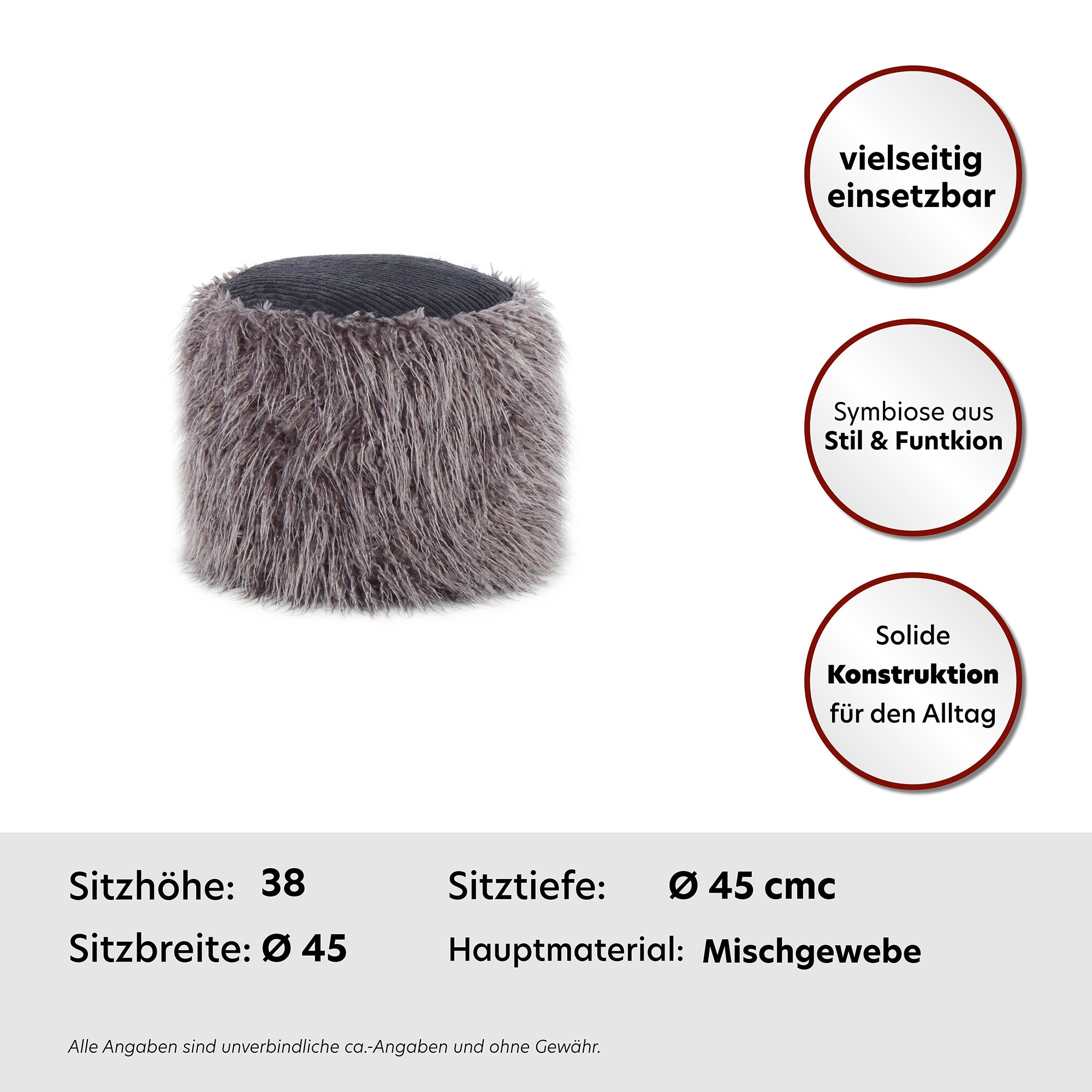 Kayoom Pouf »Fellpouf Bobtail 125, Fellhocker in zweifarbigem Design«, (1 St.), modern, dekorativ, kindersicherer Reissverschluss an der Unterseite