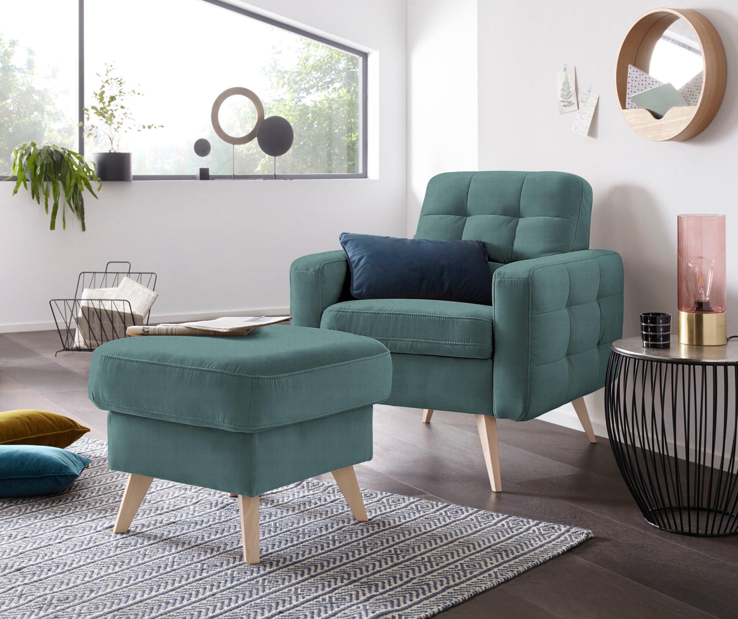 exxpo - sofa fashion Sessel »Nappa, Loungesessel, aktuelle Rückensteppung, bequem und modern«, hoher Holzfuss