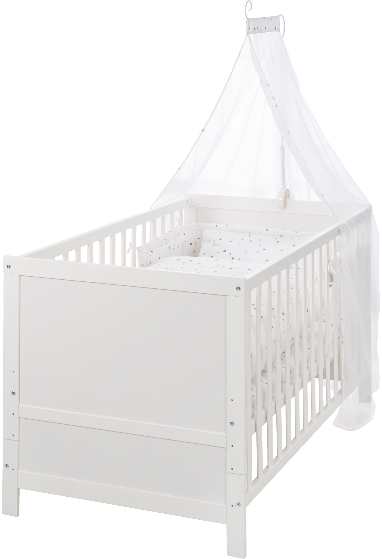 Image of roba® Komplettbett »Sternenzauber, weiss«, (7 tlg.), inkl. Babybett, Matratze, Lattenrost, Himmelstange mit Himmel, Nestchen und Bettwäsche bei Ackermann Versand Schweiz