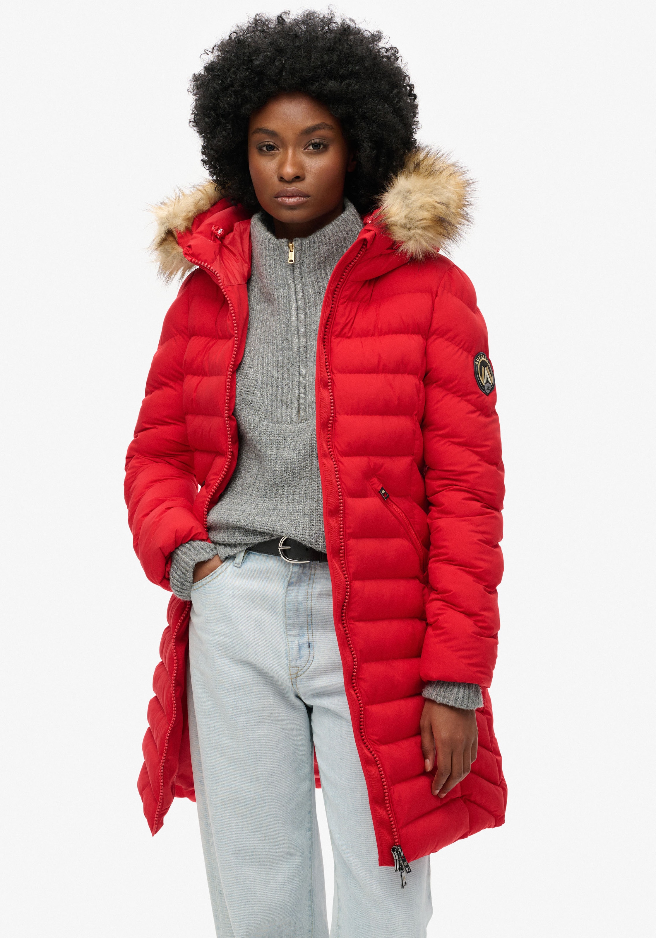 Image of Superdry Steppjacke "FUJI FAUX FUR HOOD MID LENGTH" mit Kapuze Slim Fit, mit Reissverschluss, aus Polyester