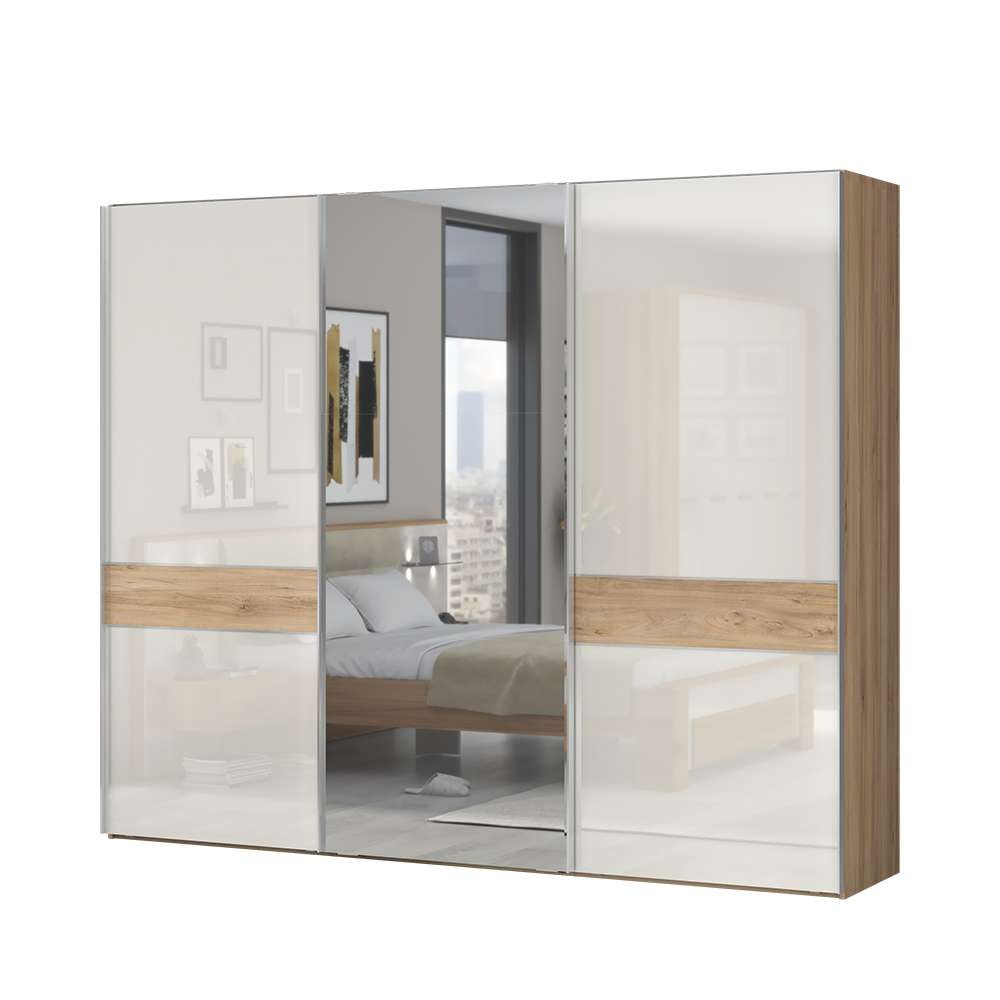 Image of GOODproduct Schwebetürenschrank "Gala, wahlweise mit oder ohne Spiegel, 272x65x224cm, FSC-zertifiziert" mit 9 Einlegeböden und 3 Kleiderstangen, UV lackiert, kratzfest, hochglänzend, Soft-Close Funktion