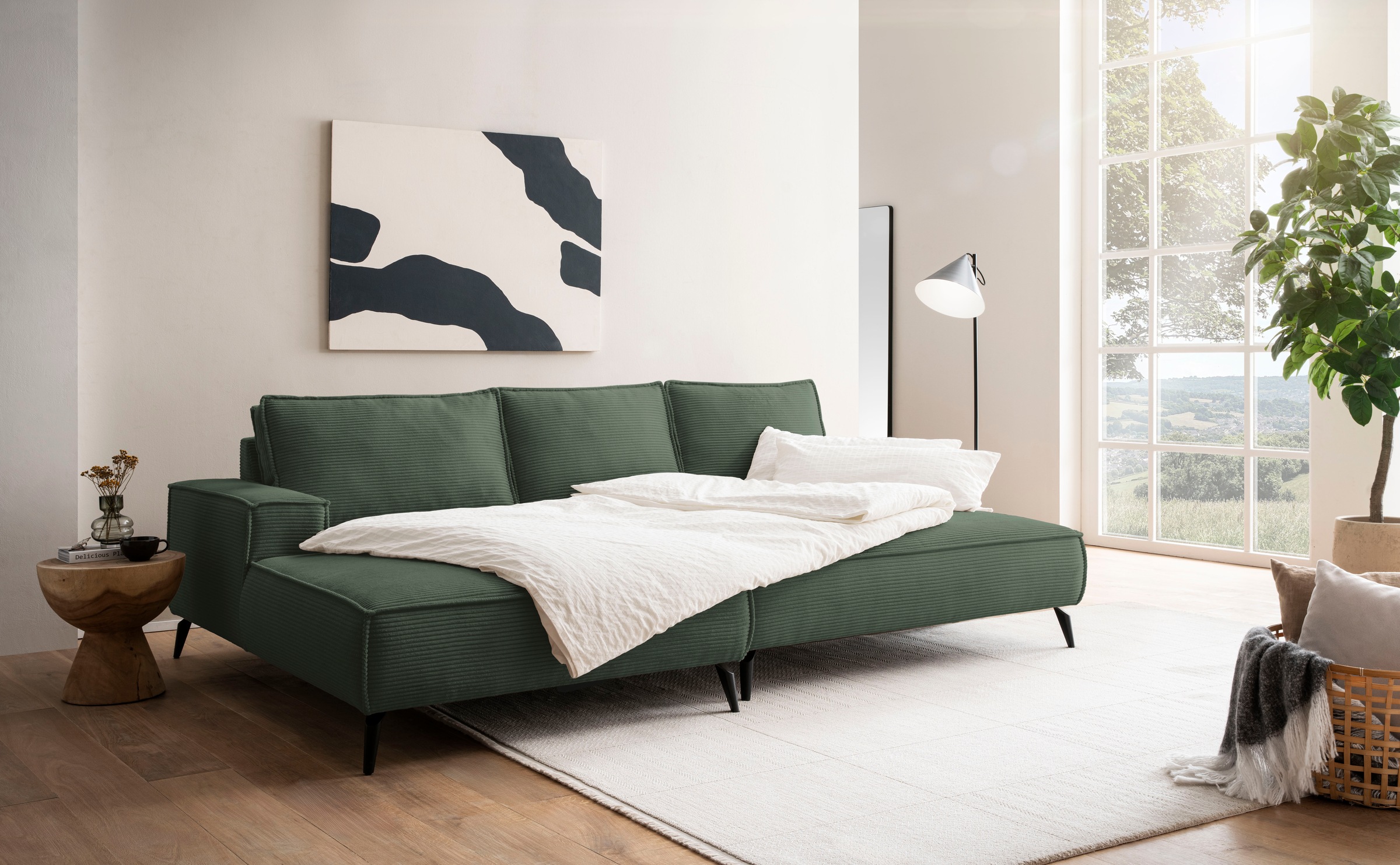 andas Ecksofa »TVINNU, L-Form, 275cm, in Cord und Flachgewebe«, wahlweise Recamiere rechts/links, schwarze Füsse, bequemer Sitzkomfort