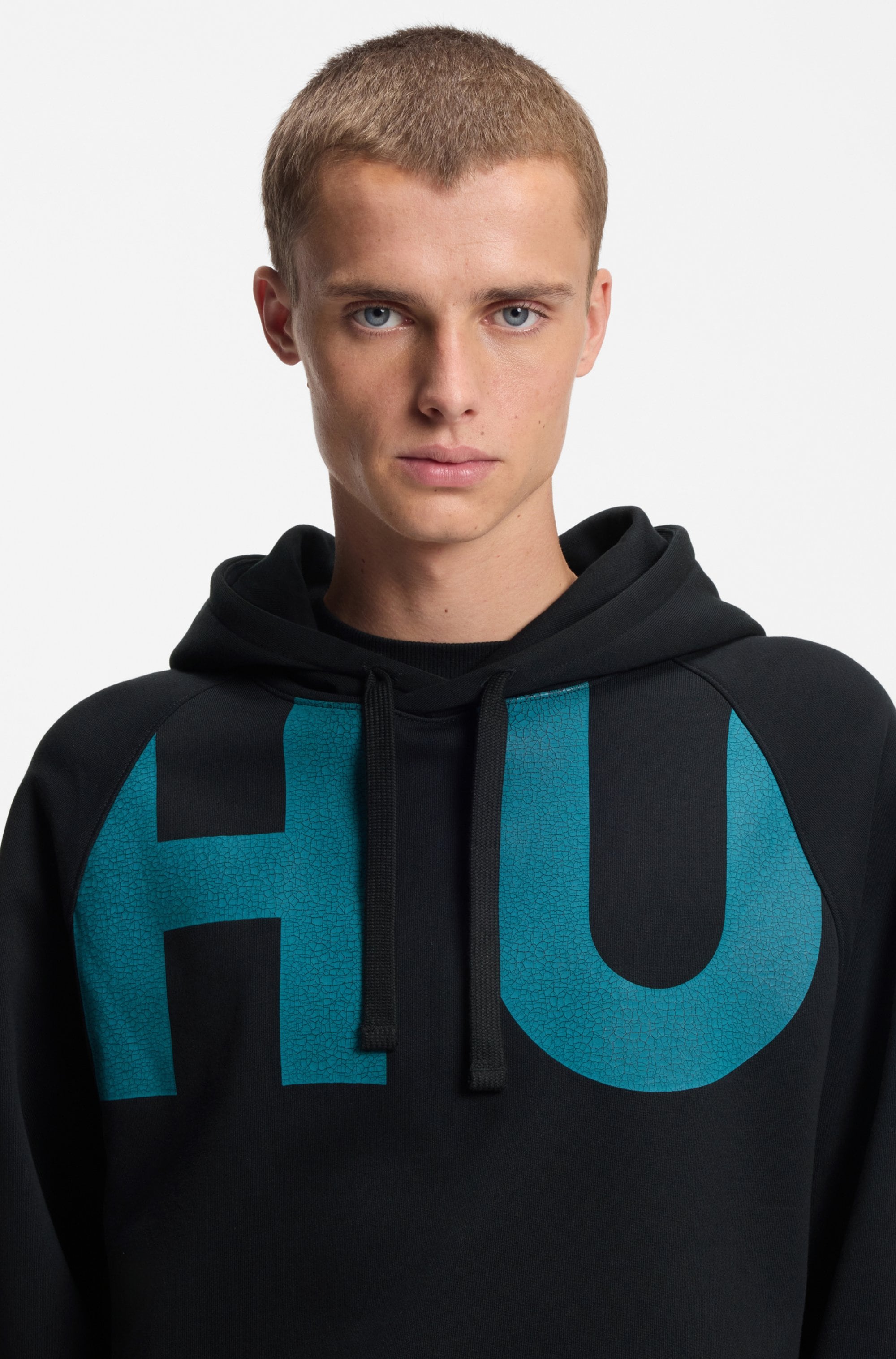 HUGO Blue Hoodie , Loose Fit, Druck vorne und hinten, Kapuze mit Kordelzug, Kängurutasche
