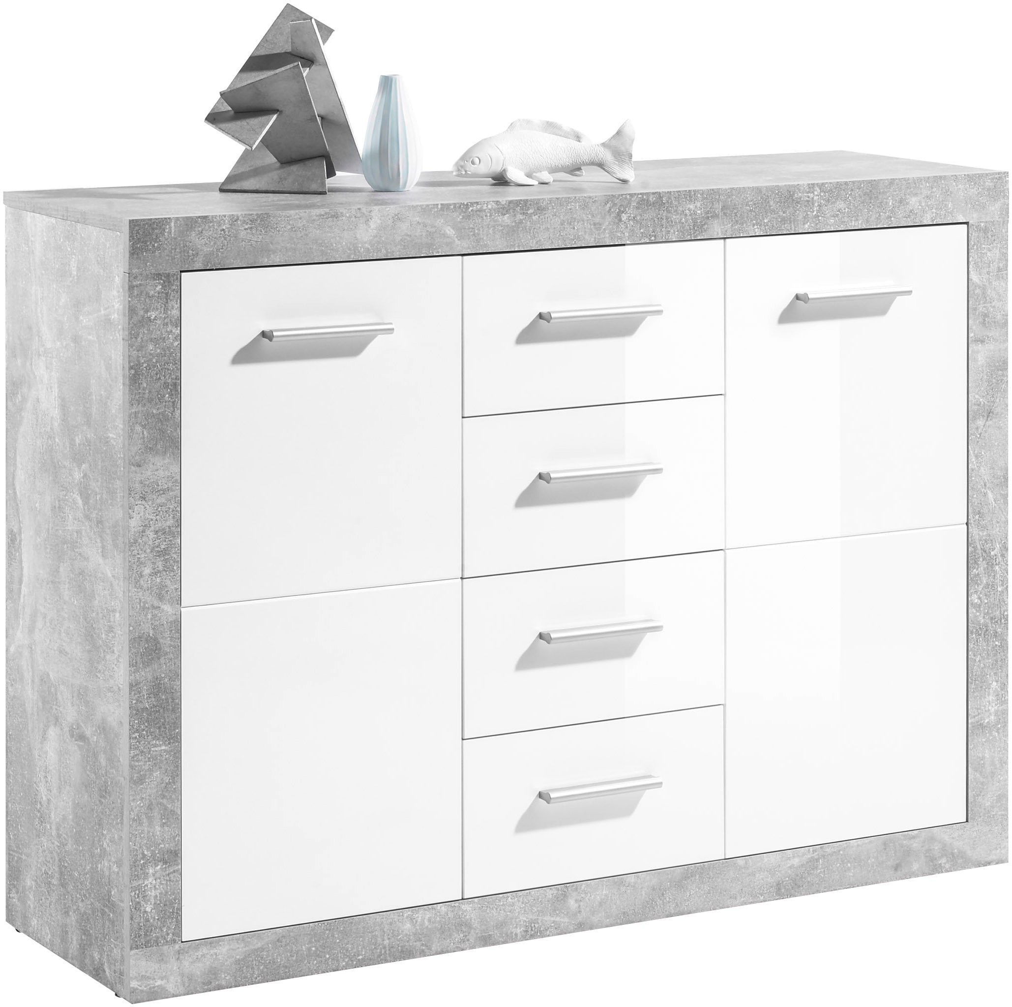Image of HBZ Kommode "Stone 2 weiss Glanz, BxHxT 117x88x37 cm" Kommode mit 2 Türen, 4 Schubkästen, 2 Einlegeböden