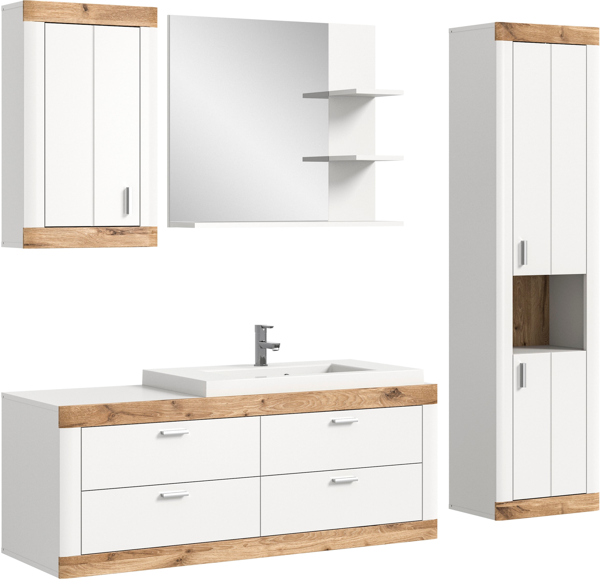 Home affaire Badmöbel-Set »Landsby, 4 teilig, inklusive Mineralguss-Waschbecken, bestehend aus:«, (Set, 4 St.), Waschtisch inkl. Waschbecken, Hängeschrank, Badspiegel, Hochschrank