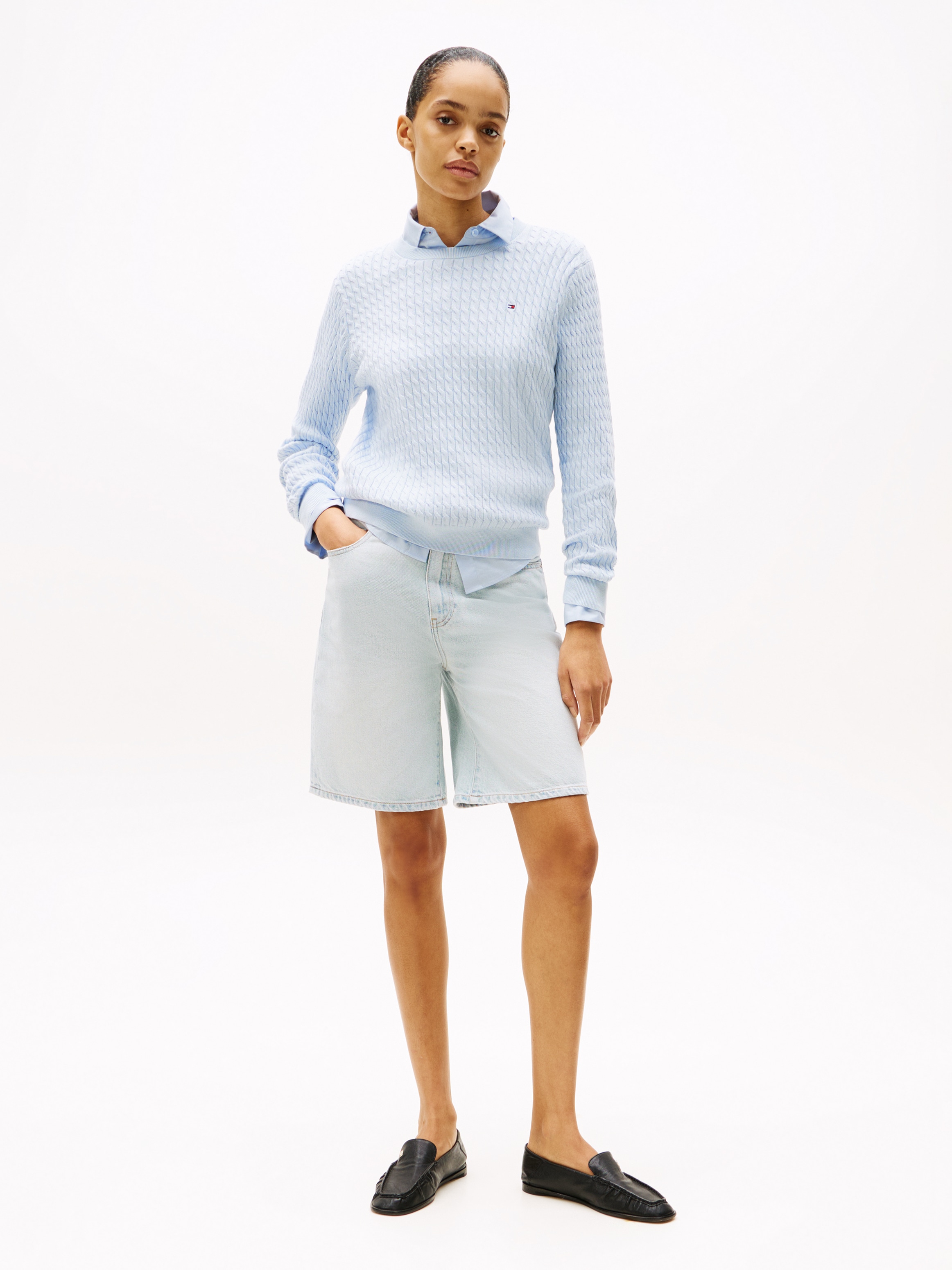 Tommy Hilfiger Pull à col rond »CO CABLE C-NK LS SWEATER« coton, avec motif torsadé, coupe régulière