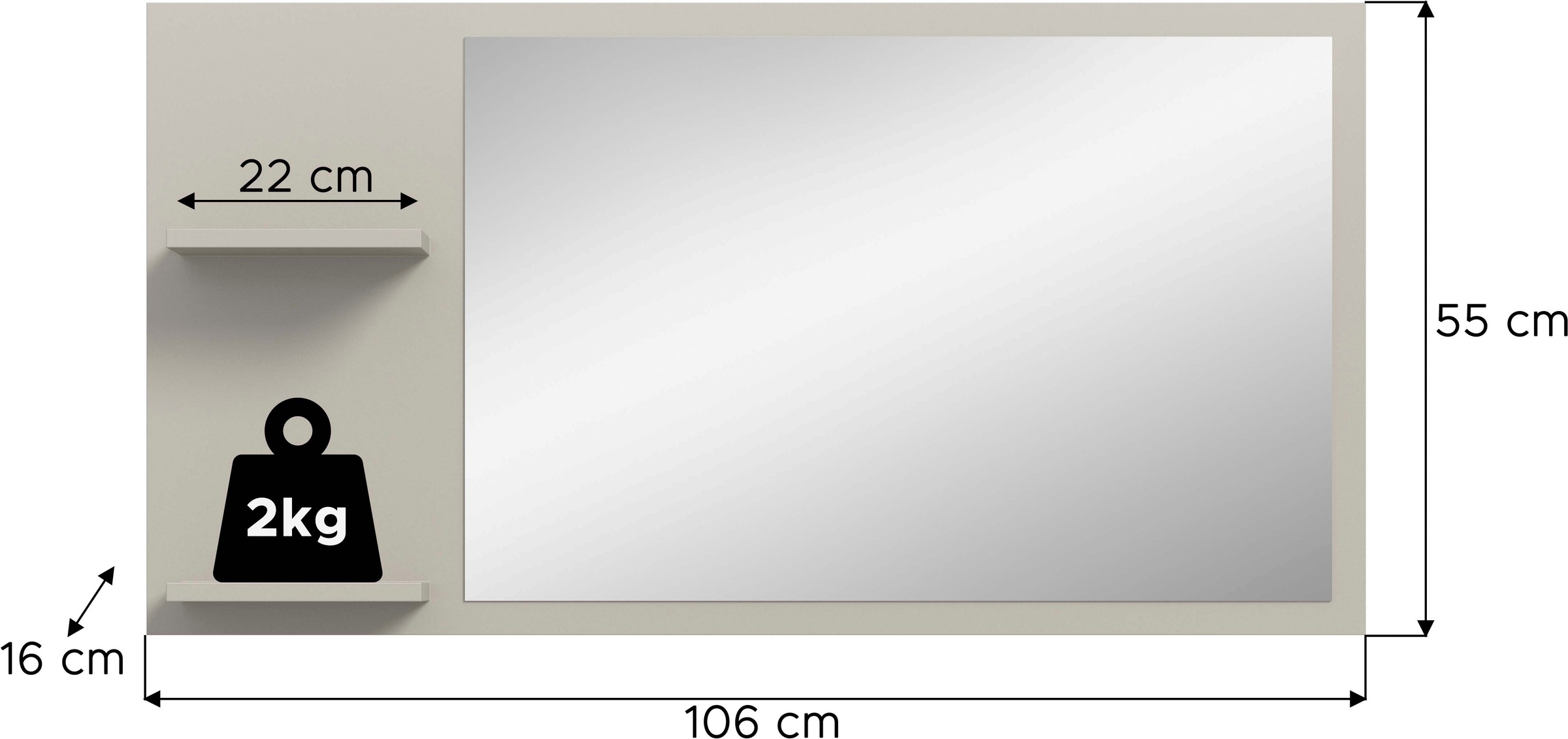 Home affaire Spiegel »TATIO, 106x55x16 cm, 2 Ablageböden, grosse Spiegelfläche« Garderobenspiegel, Flurspiegel