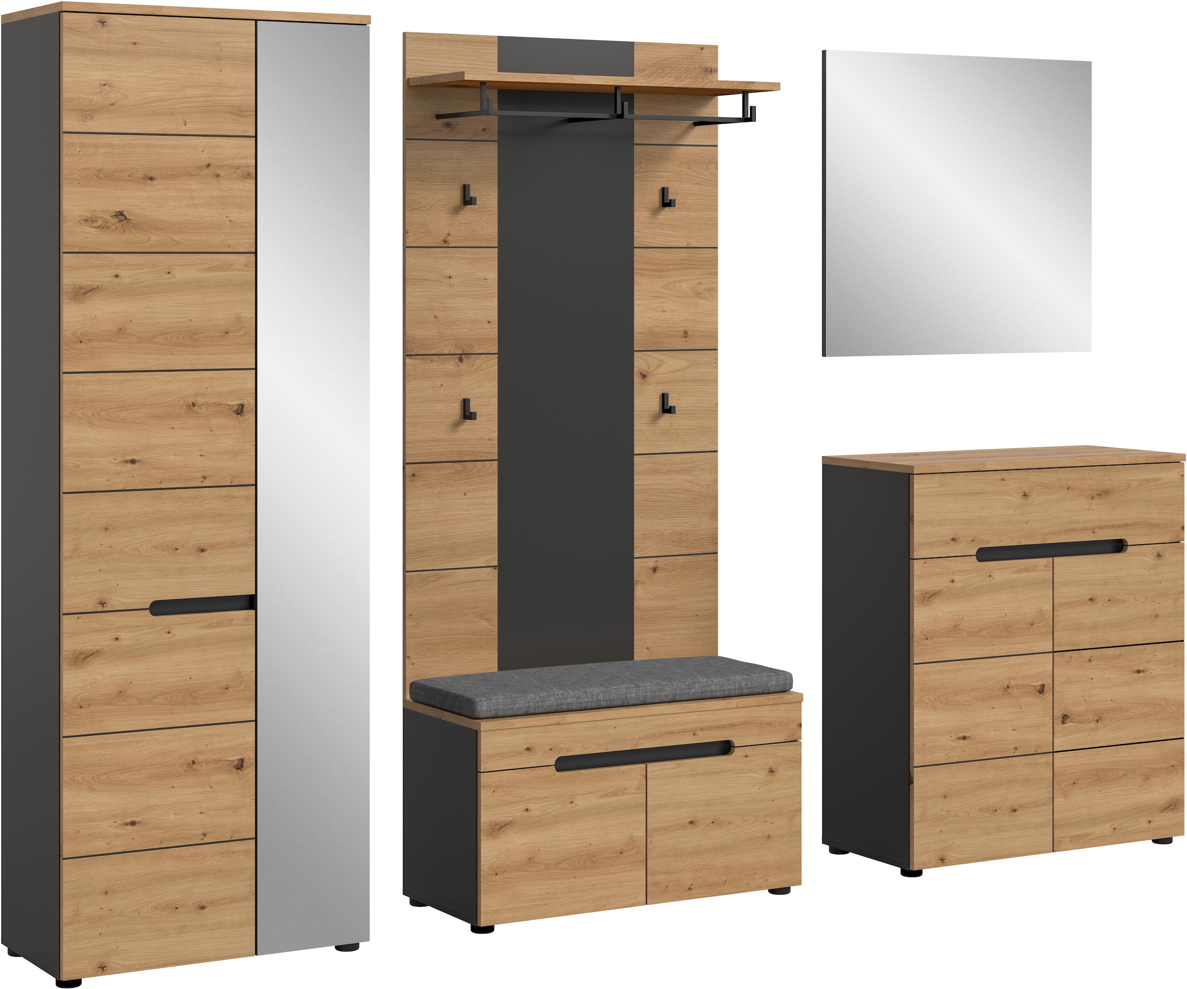 INOSIGN Garderoben-Set »REHAT, TOPSELLER!, 5-teilig, Breite 255 cm, individuell erweiterbar« Set, bestehend aus: Schrank, Sitzbank, Sitzkissen, Paneel, Spiegel, Kommode, 6 Stk. tlg.