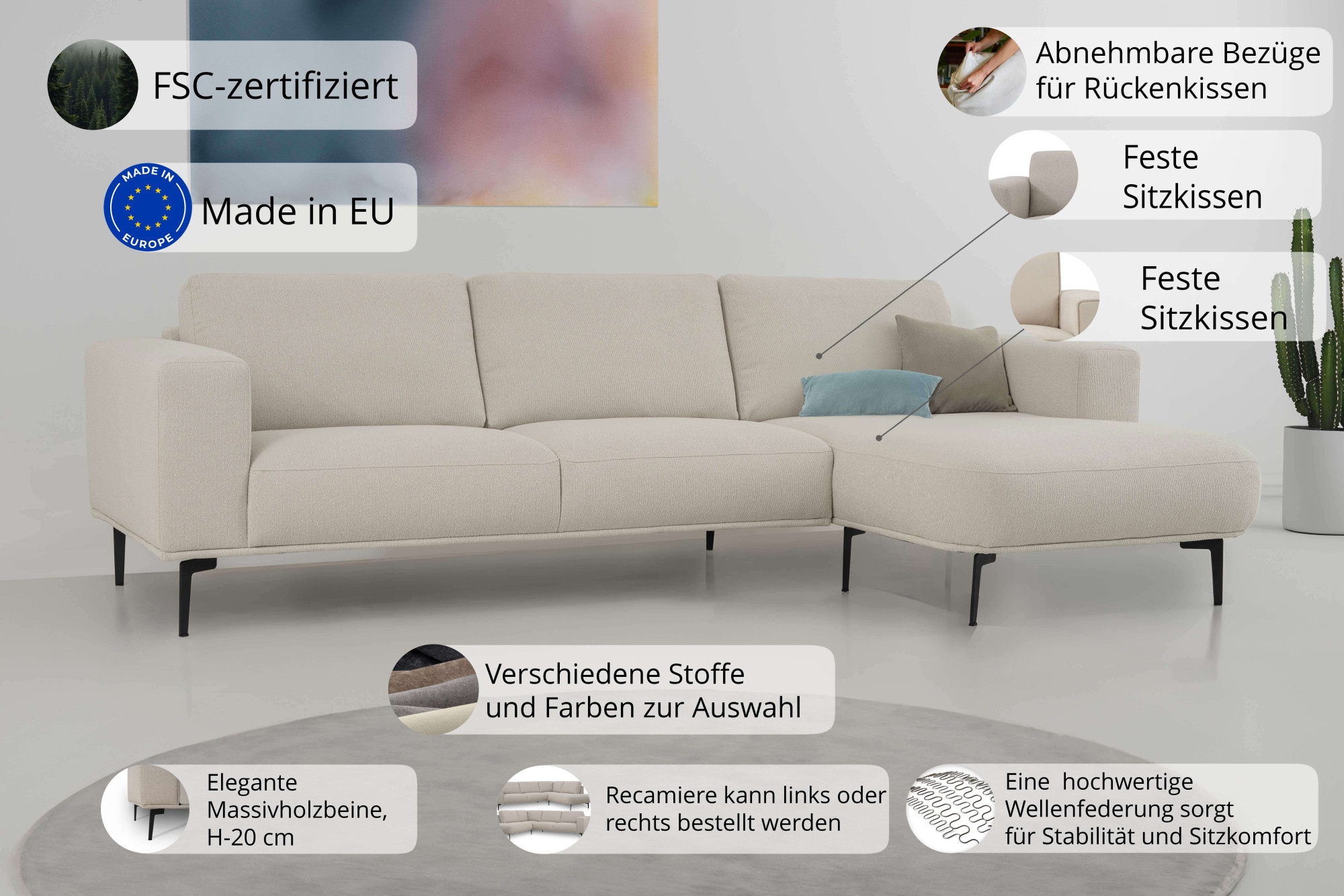 GOODproduct Ecksofa »Lillith, 289 cm, L-Form, gemütlicher Sitzkomfort« Eckcouch mit runder Recamiere links/rechts , Strukturstoff