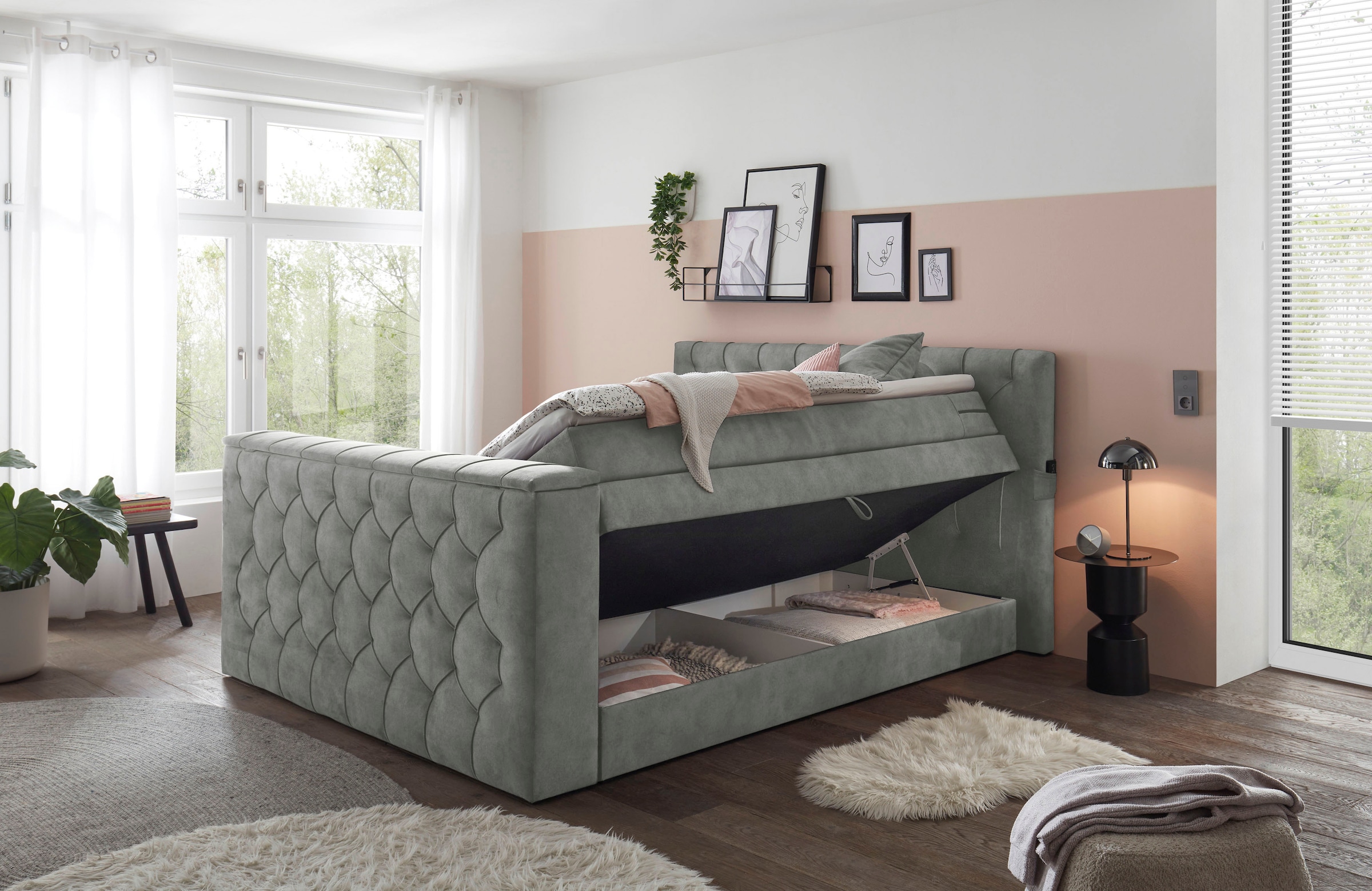 ED EXCITING DESIGN Boxspringbett »Springdale« mit Bettkasten, motorisierter TV-Halterung, Duo-Matratze (H3/H4)