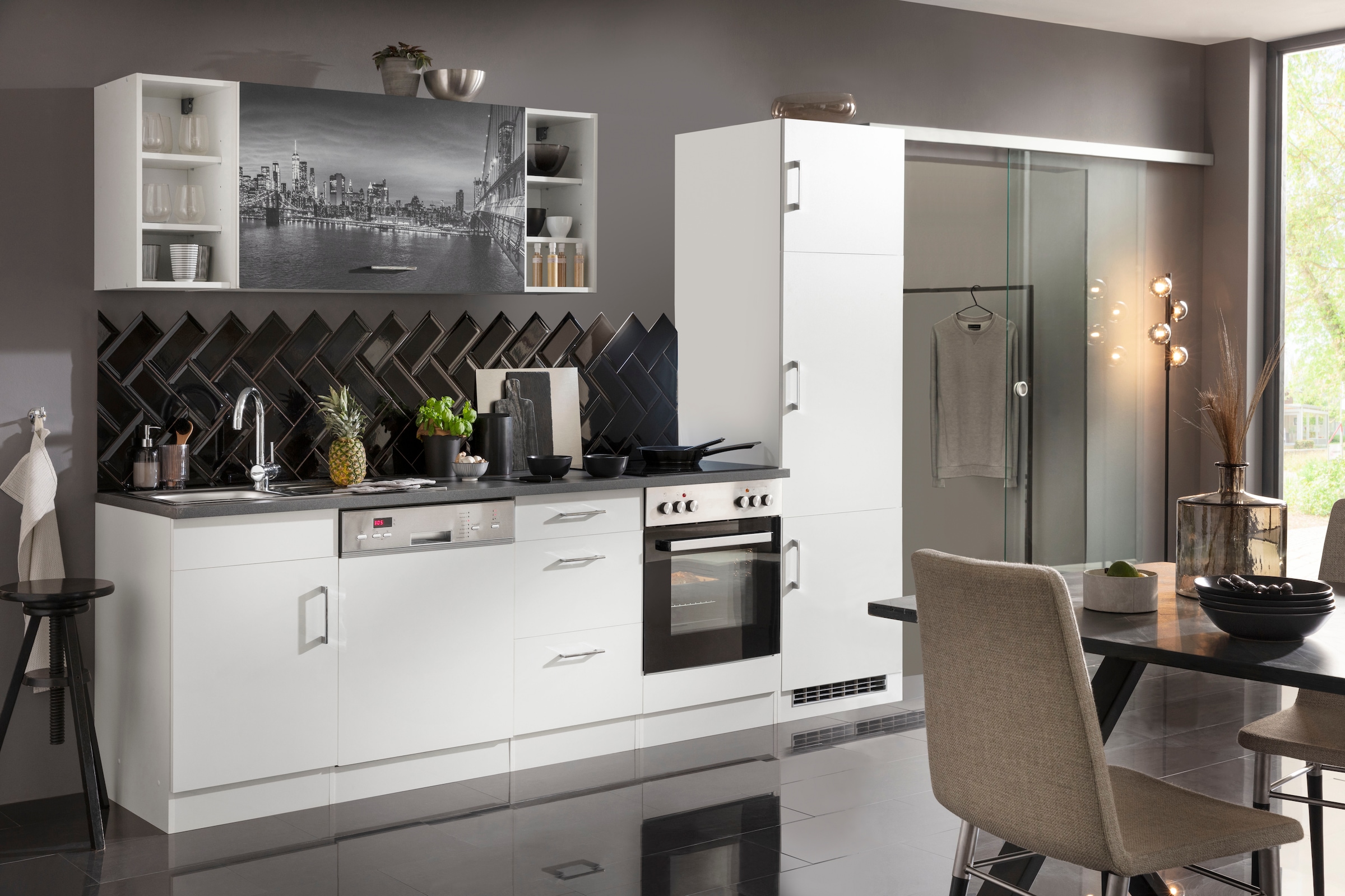 KOCHSTATION Kitchenette »KS-Paris – Küchen mit einzigartigen Fotomotiven auf den Fronten« largeur 280 cm, au choix avec appareils électriques, avec impression motif