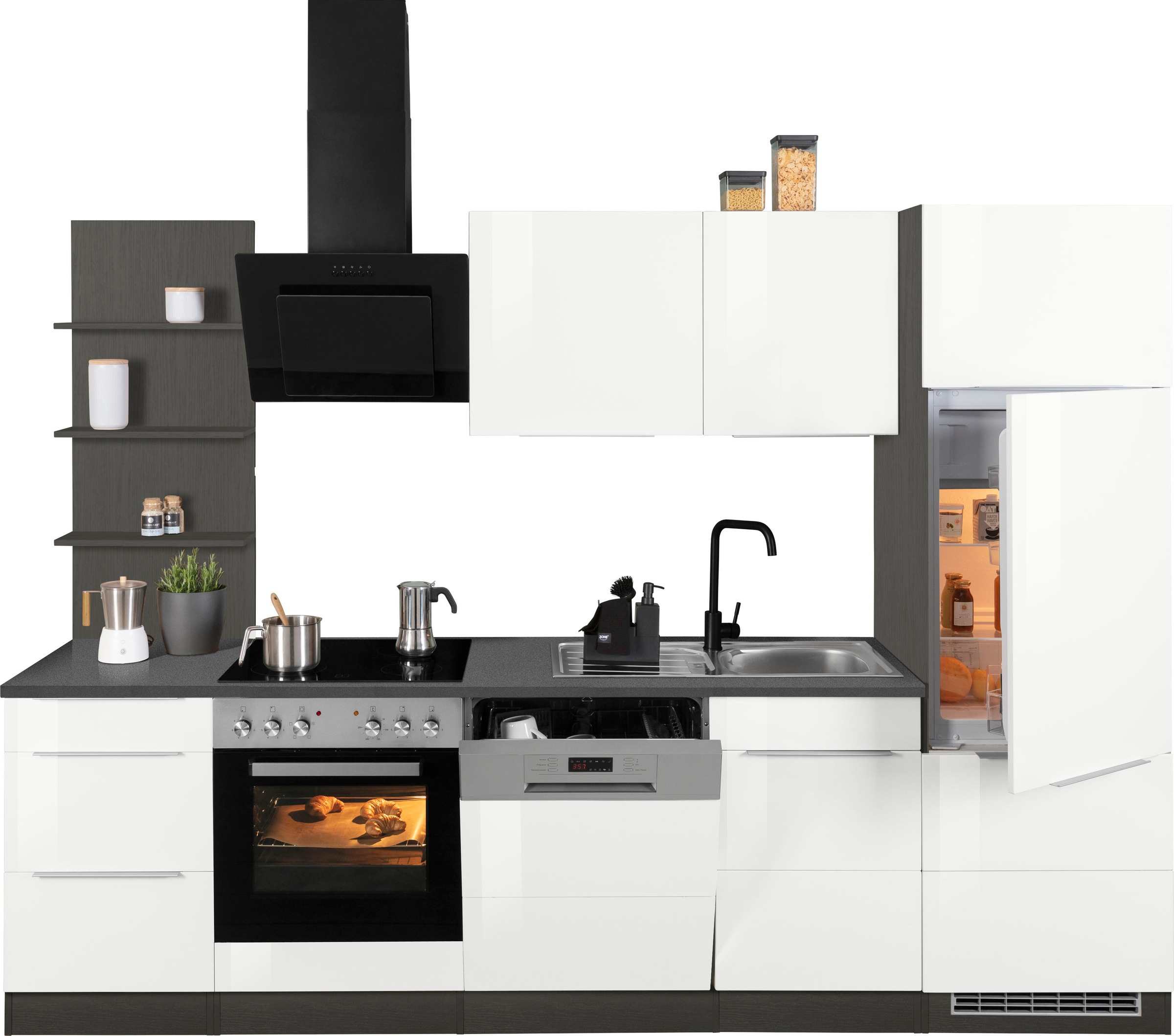 KOCHSTATION Küchenzeile "KS-Brindisi" Breite 280 cm, wahlweise mit E-Geräten, mit MDF-Fronten und Regal