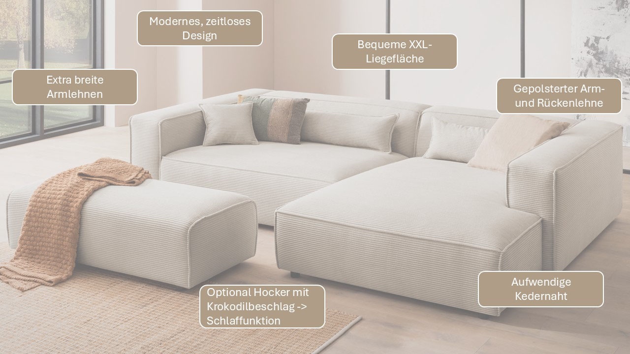 LeGer Home by Lena Gercke Ecksofa »PIARA XXL, L-Form, Schlaffunktion, Cord, Leinenoptik o. Strukturstoff« Hocker stellbar zum Schlafsofa (Krokodilverbinder), tiefe Sitzfläche