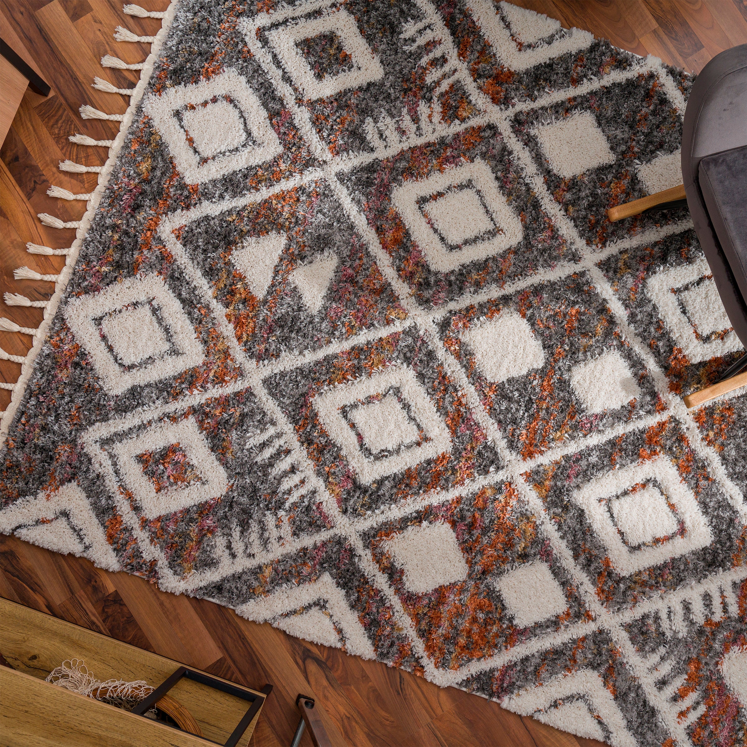 Paco Home Hochflor-Teppich »Monza 654«, rechteckig, meliert, Rauten Muster, 3D-Effekt, mit Fransen