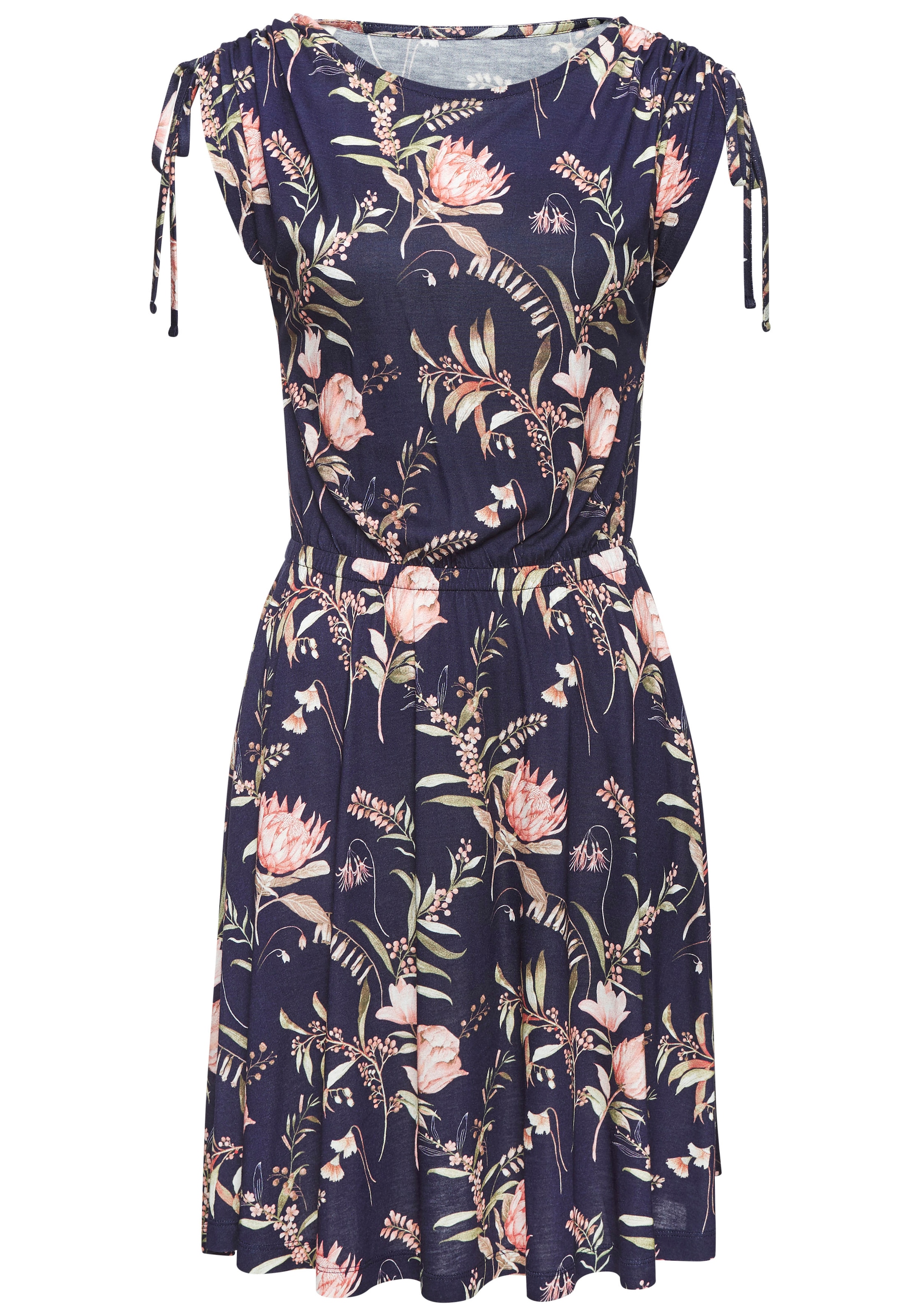 Vivance Robe en jersey »mit Blumenprint und Raffungen auf den Schultern« Sans poches robe d'été ample, robe de plage, robe imprimée, robe en viscose