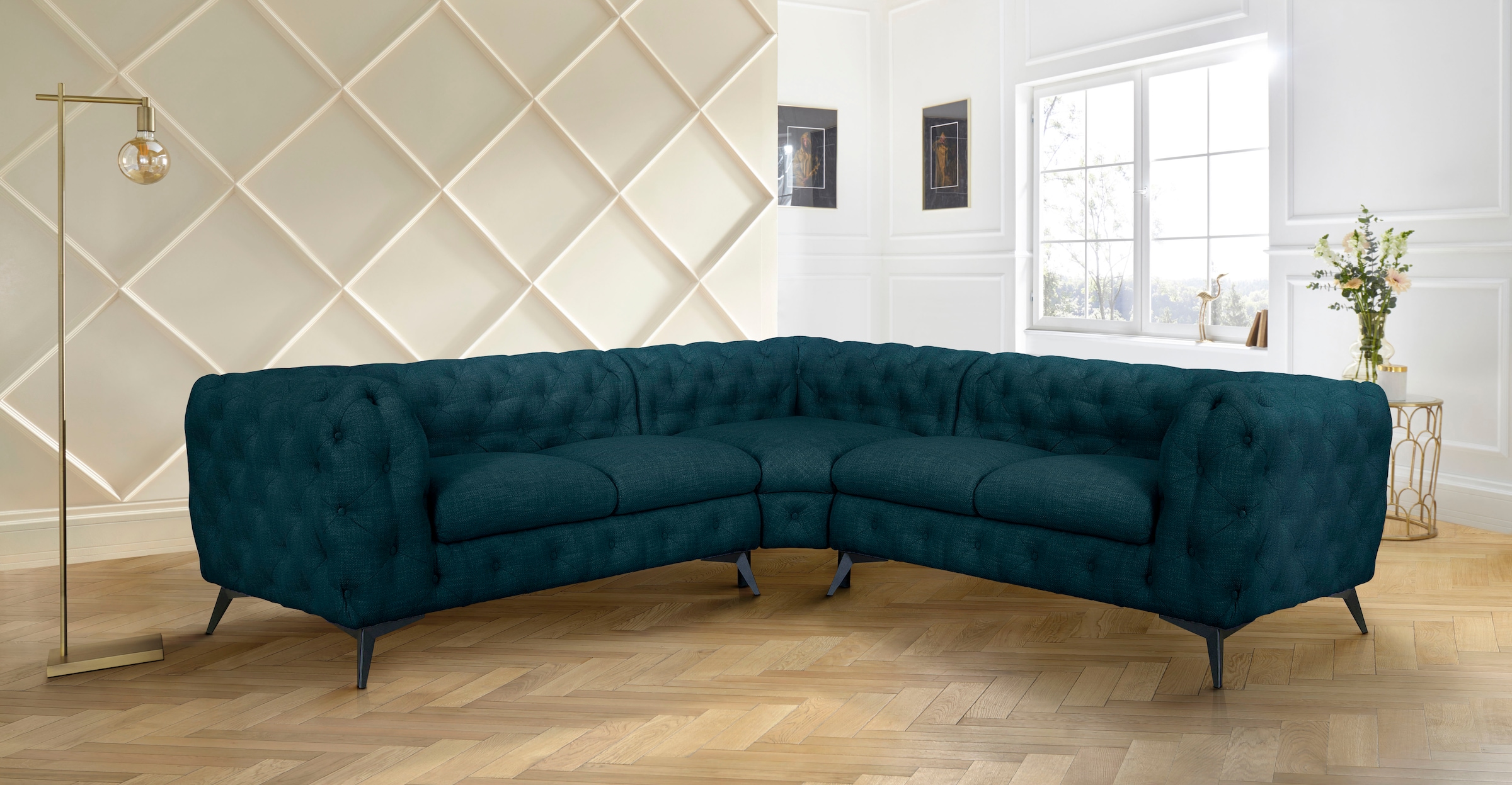 Leonique Chesterfield-Sofa »Ecksofa GLYNIS L-Form mit Wellenunterfederung, Masse B/T/H 264/264/75cm«, aufwändige Knopfheftung, moderne Chesterfield Optik, Fussfarbe wählbar