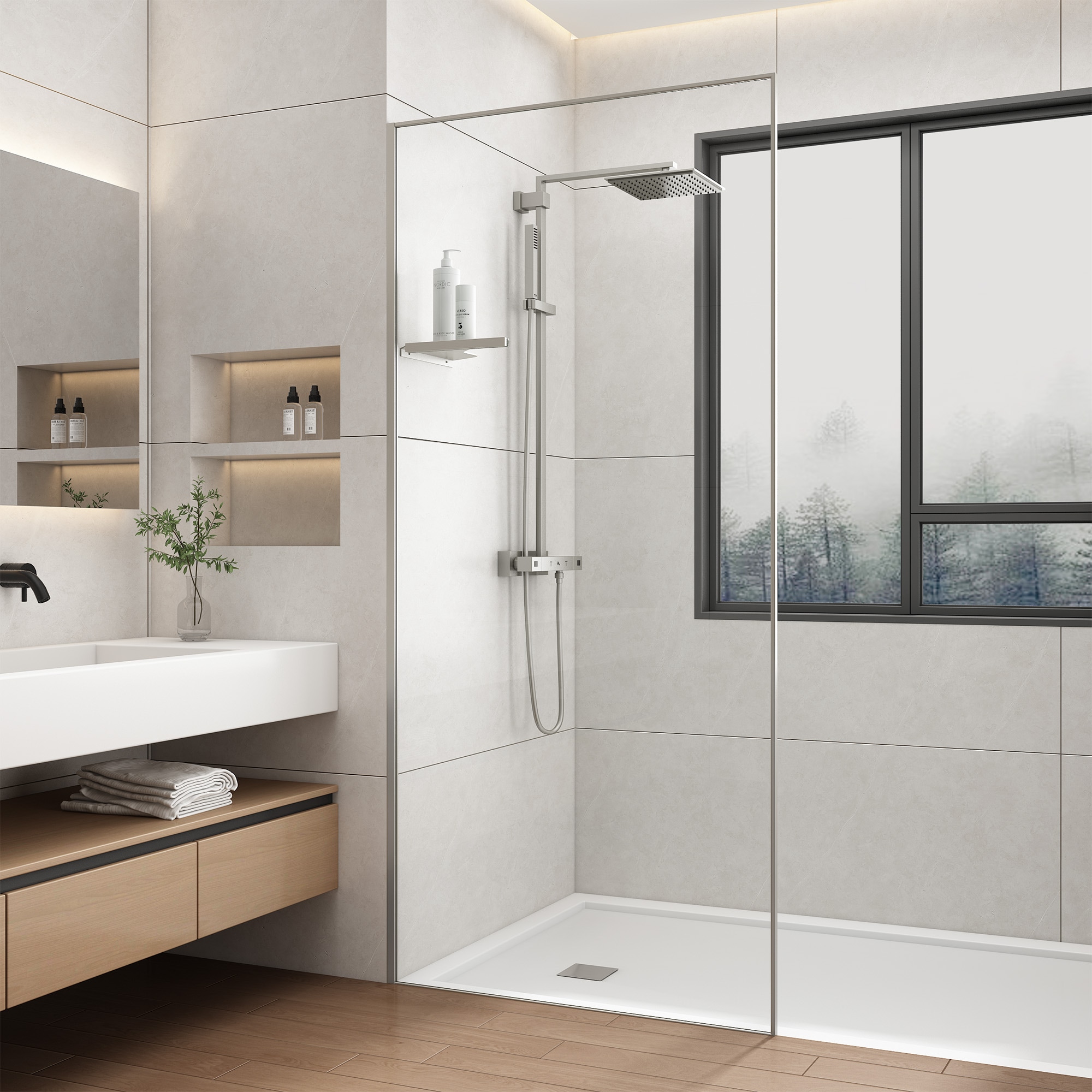 Image of welltime Walk-in-Dusche "Frame Plus" Rundumrahmen aus hochwertigem Aluminium, Eckregal zur Stabilisierung