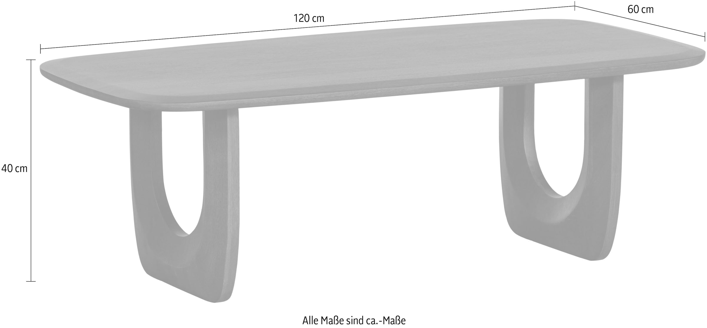 WOOOD Table basse »Frequent Mangoholz mit organisches Untergestell H 40 x B 120 x T 60 cm« capacité 60 kg, bords de table arrondis, facile à monter