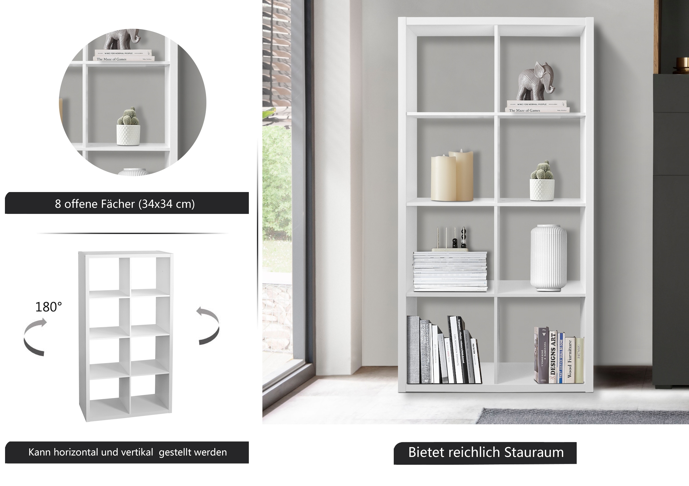INOSIGN Bücherregal »IZOLA, Raumteiler, Aktenregal, Würfelregal,«, mit 6 oder 8 Fächern, quer und hochkant stellbar, (B/T) 76x37 cm