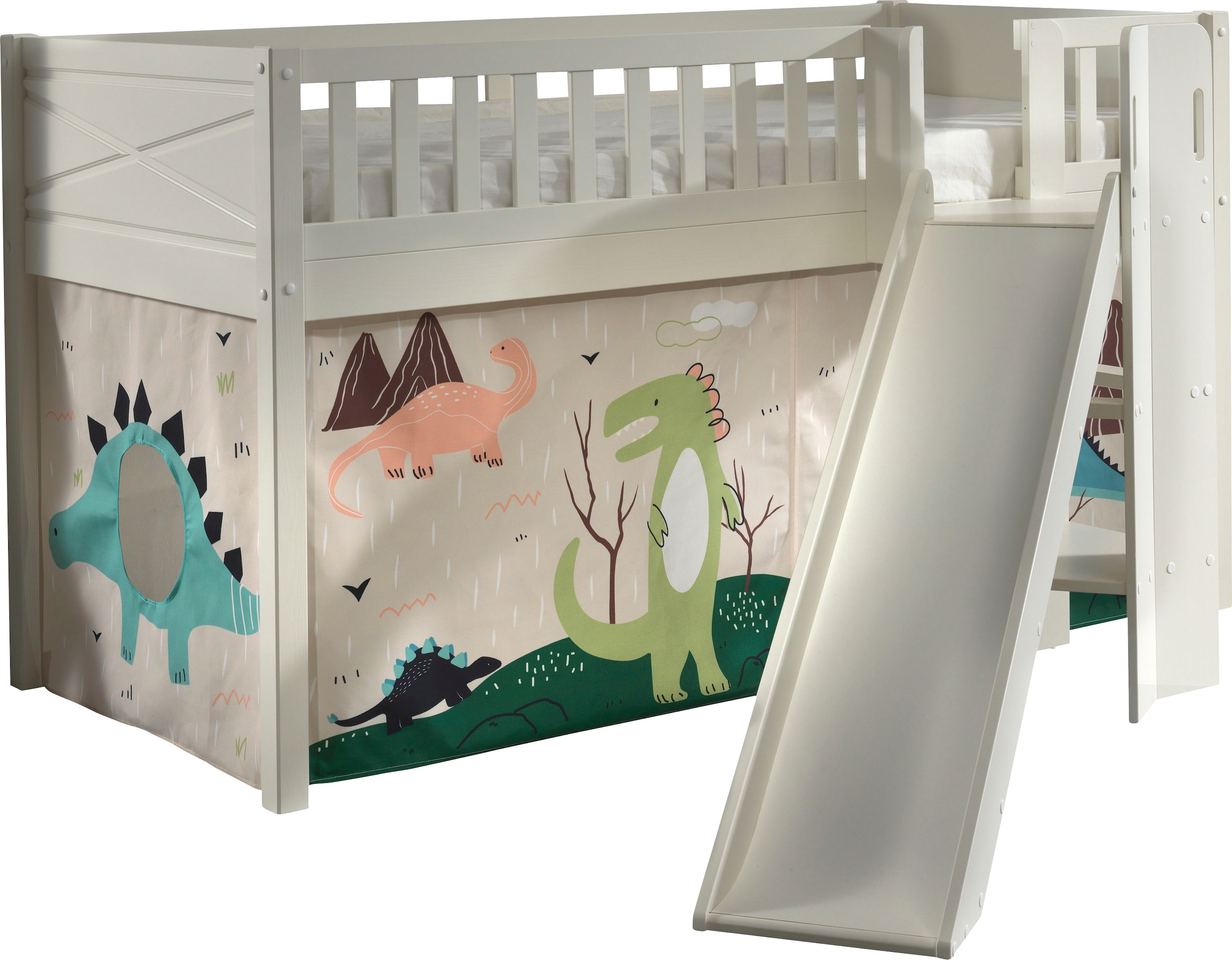 Vipack Lit superposé »Scott« L/H/P env. 207,6x114x203,7 cm, tête/pied de lit fraisés, construction solide,  avec tour d'escalier antidérapant, LF 90x200 cm, rideau inclus, 7 designs