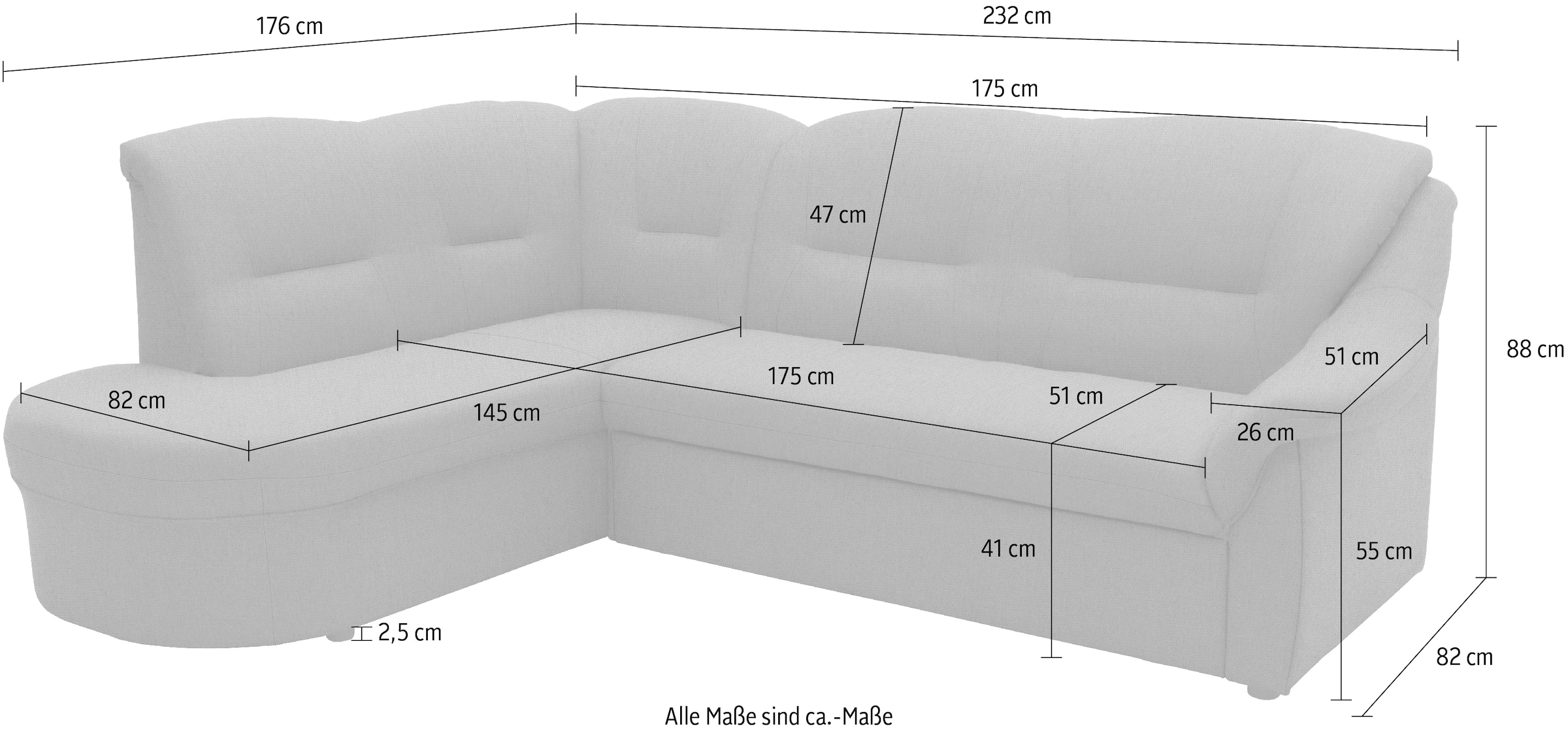 DOMO collection Ecksofa »Faenza für kleine Räume, Stellmasse 232,176cm, komfortabel, L-Form«, mit Ottomane, zeitlos, elegante Armlehnen, wahlweise mit Bettfunktion