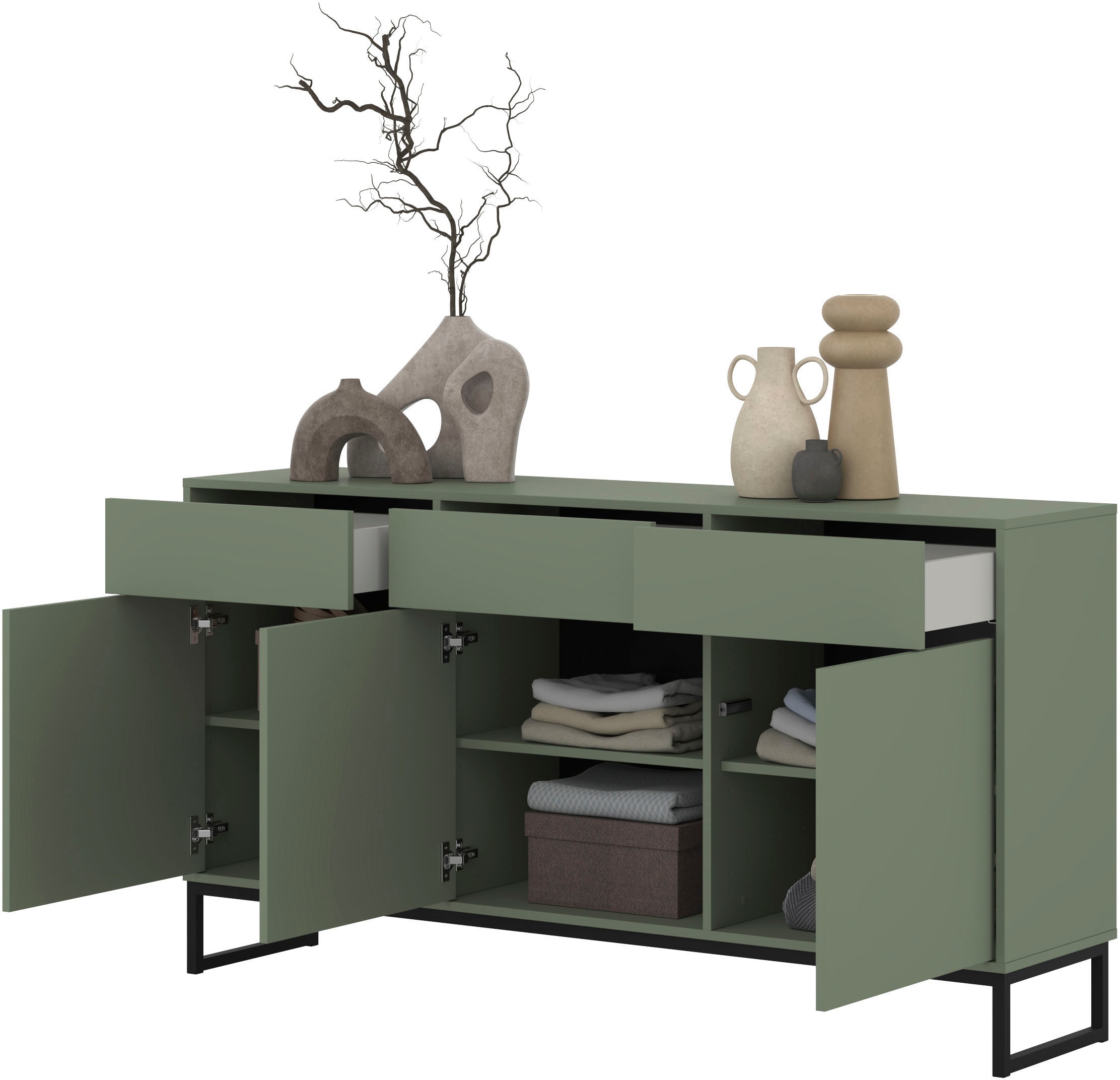 GOODproduct Sideboard »Loft, Breite 157 cm, grifflose Kommode 3 Türen/3 Schubkästen.« Schubladenschrank mit viel Stauraum, Einlegeböden verstellbar