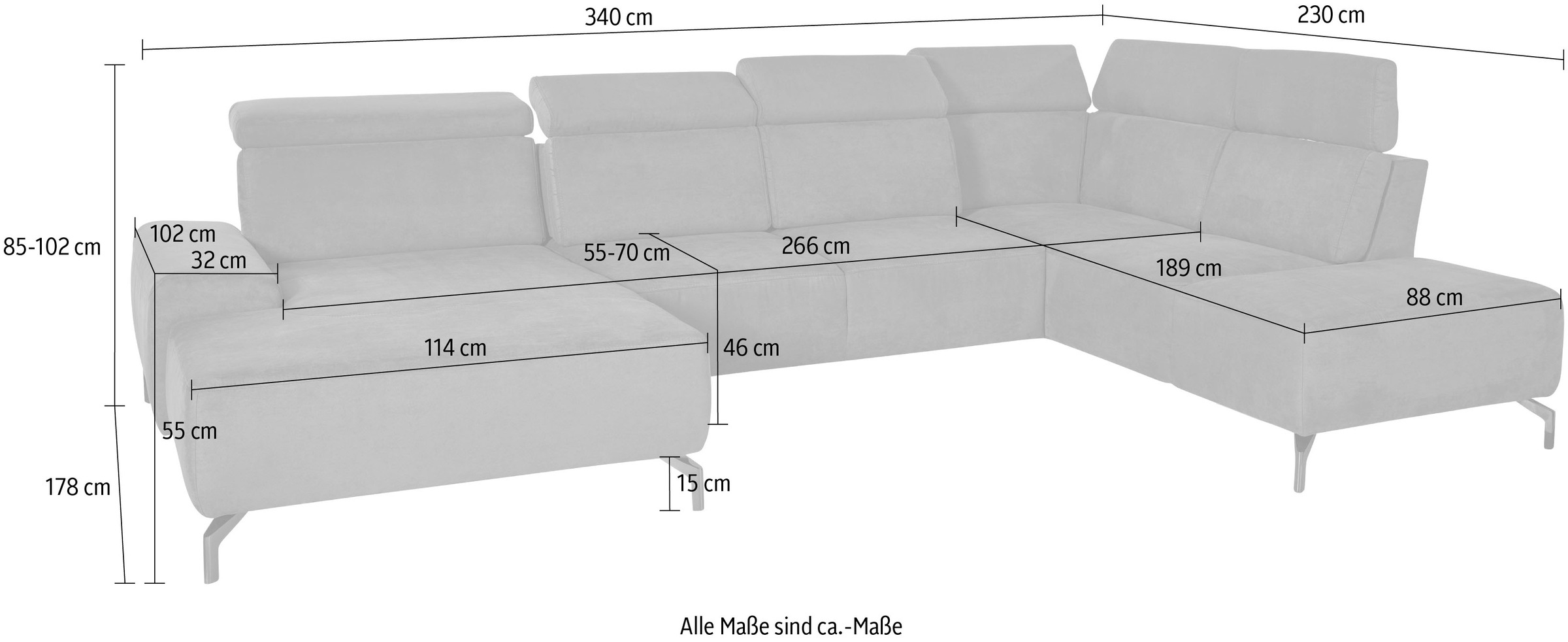 sit&more Wohnlandschaft »Gizeh U-Form«, 15 cm Fusshöhe, inklusive Sitztiefenverstellung und Kopfteilverstellung
