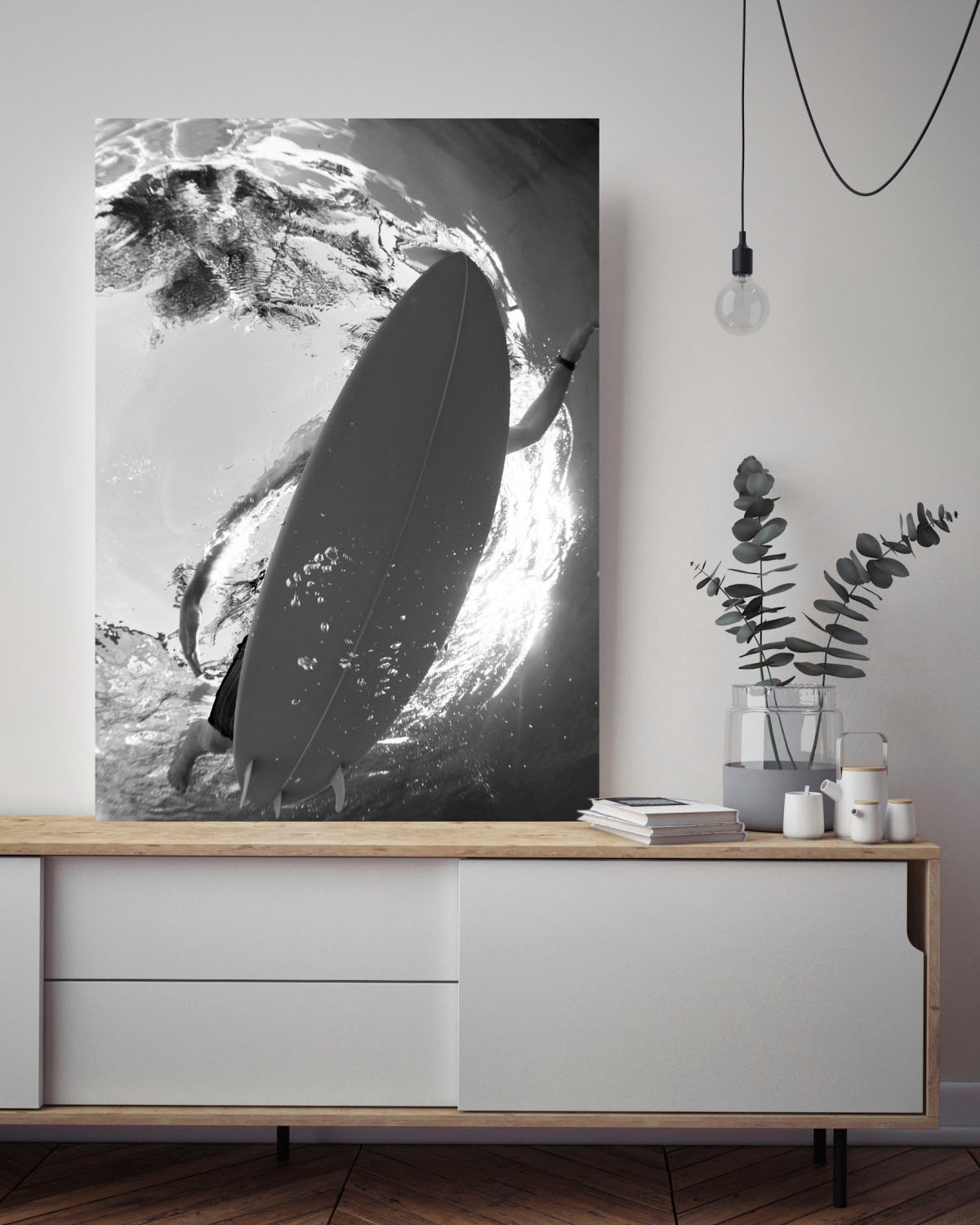 queence Acrylglasbild »Surfer im Meer«, Kunst-Schwarz-Weiss-Unterwasserwelt-Sport, Fine Art-Print in Galeriequalität