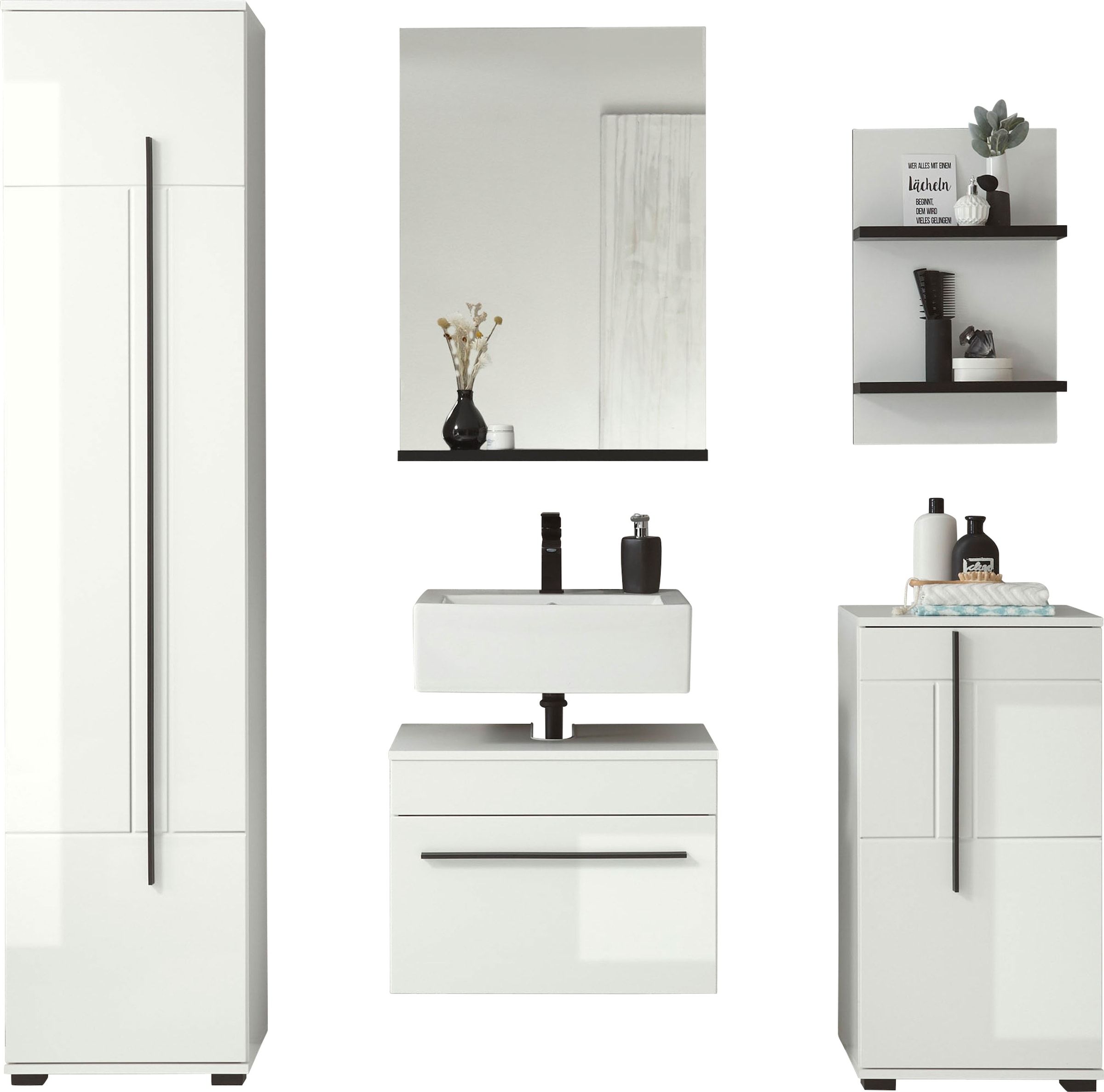 INOSIGN Badmöbel-Set »Cantara, Bad im modernen Design, 5-teiliges Badezimmer«, (Set, 5 St.), Unterschrank, Schränke, Hängeregal und Spiegel, in Weiss Hochglanz