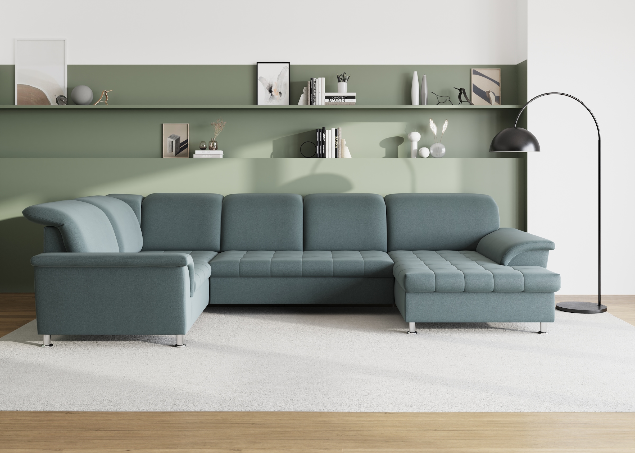 Image of DOMO collection Wohnlandschaft "FRANZI 344x206x81 cm, elegant, komfortabel" U-Form, Recamiere rechts, eisblau, B/T: 344/206 cm