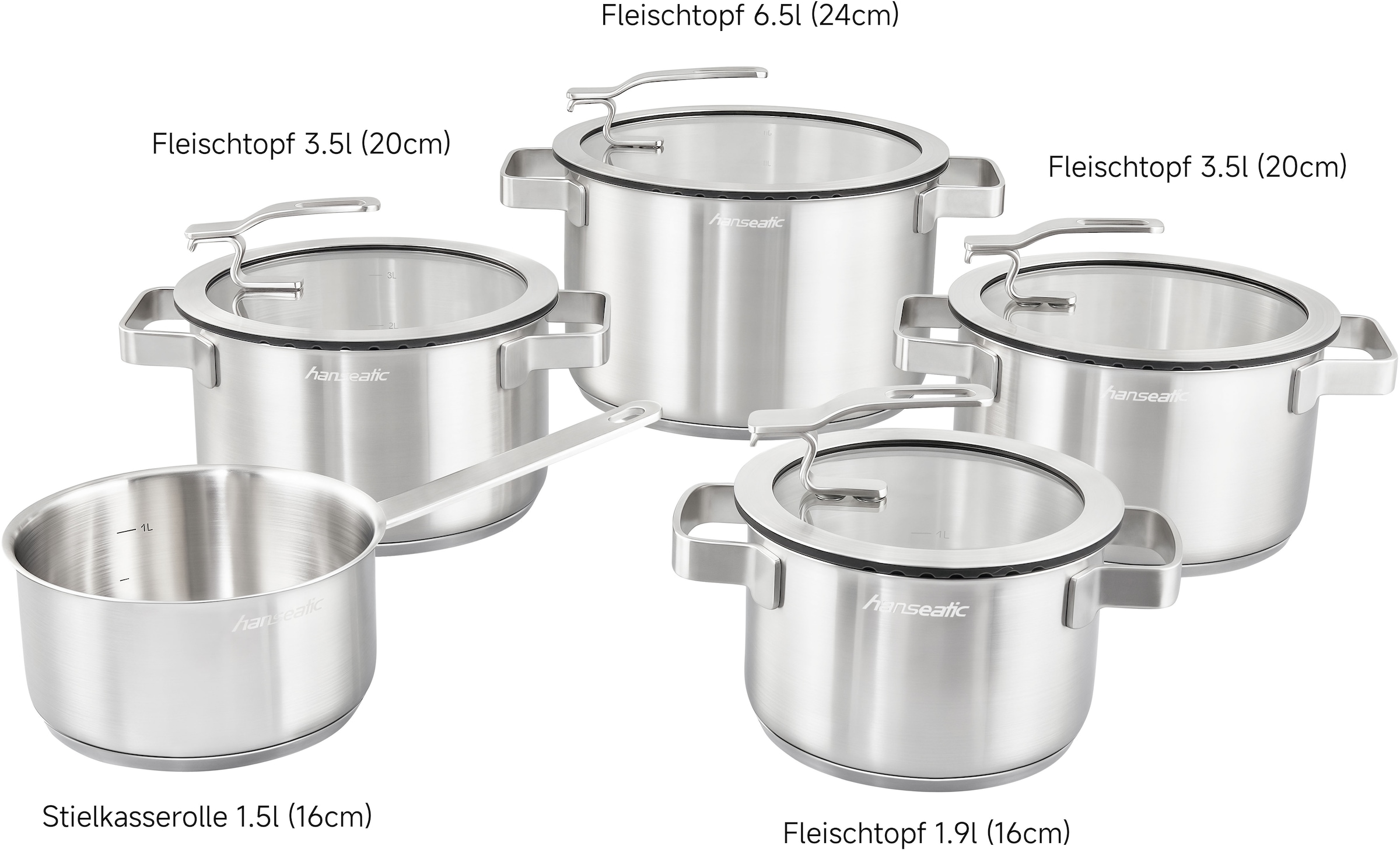 Hanseatic Topf-Set »STYLE«, Edelstahl 18/10, (Set, 9 tlg., Fleischtopf 1x 16 cm / 2x 20 cm / 1x 24 cm, Stielkasserolle 16 cm), Deckel mit praktischer Aufhänge-Funktion, Induktion