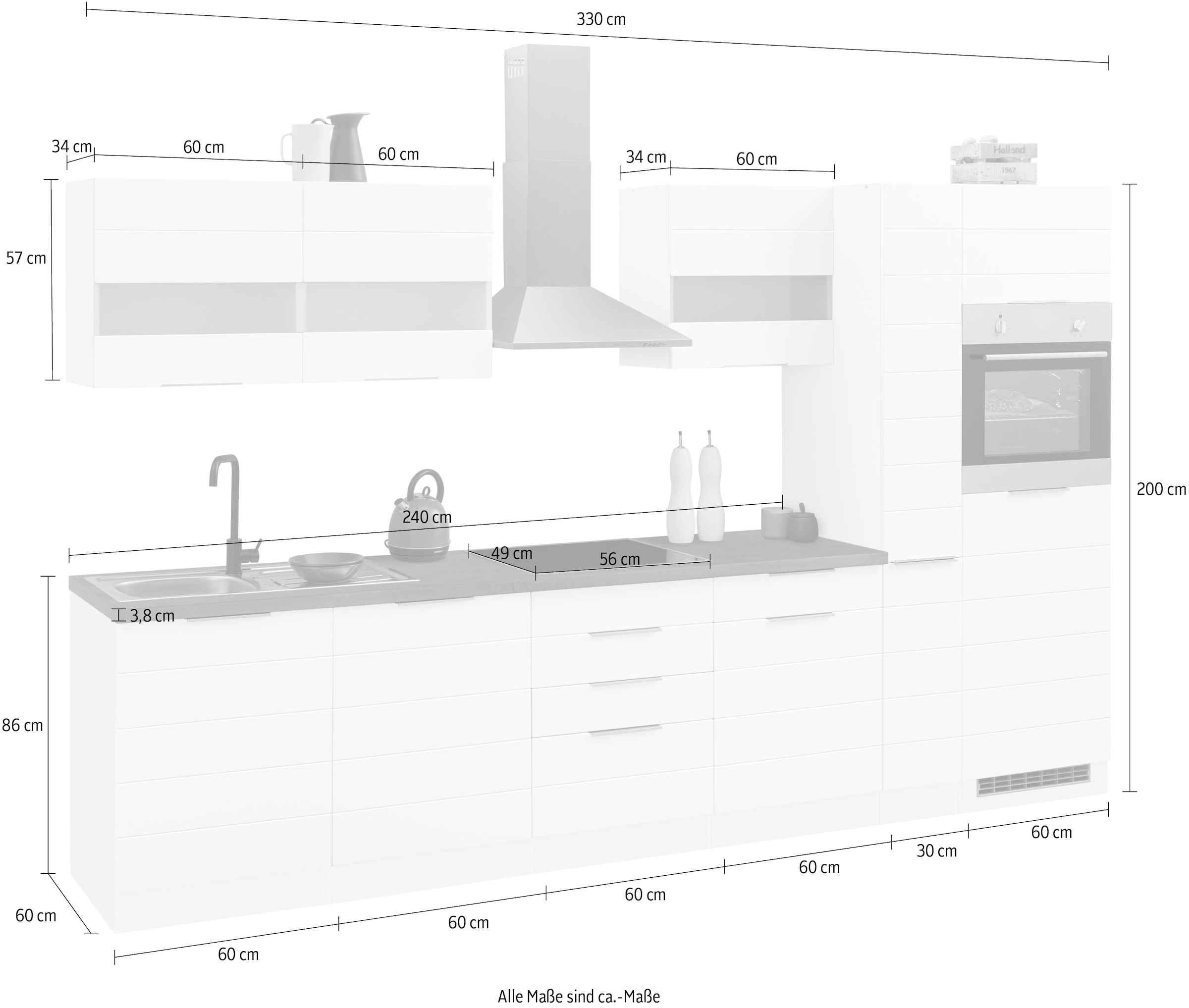 KOCHSTATION Kitchenette »KS-Luhe« largeur 330 cm, avec ou sans appareils électroménagers au choix, façades en MDF fraisées
