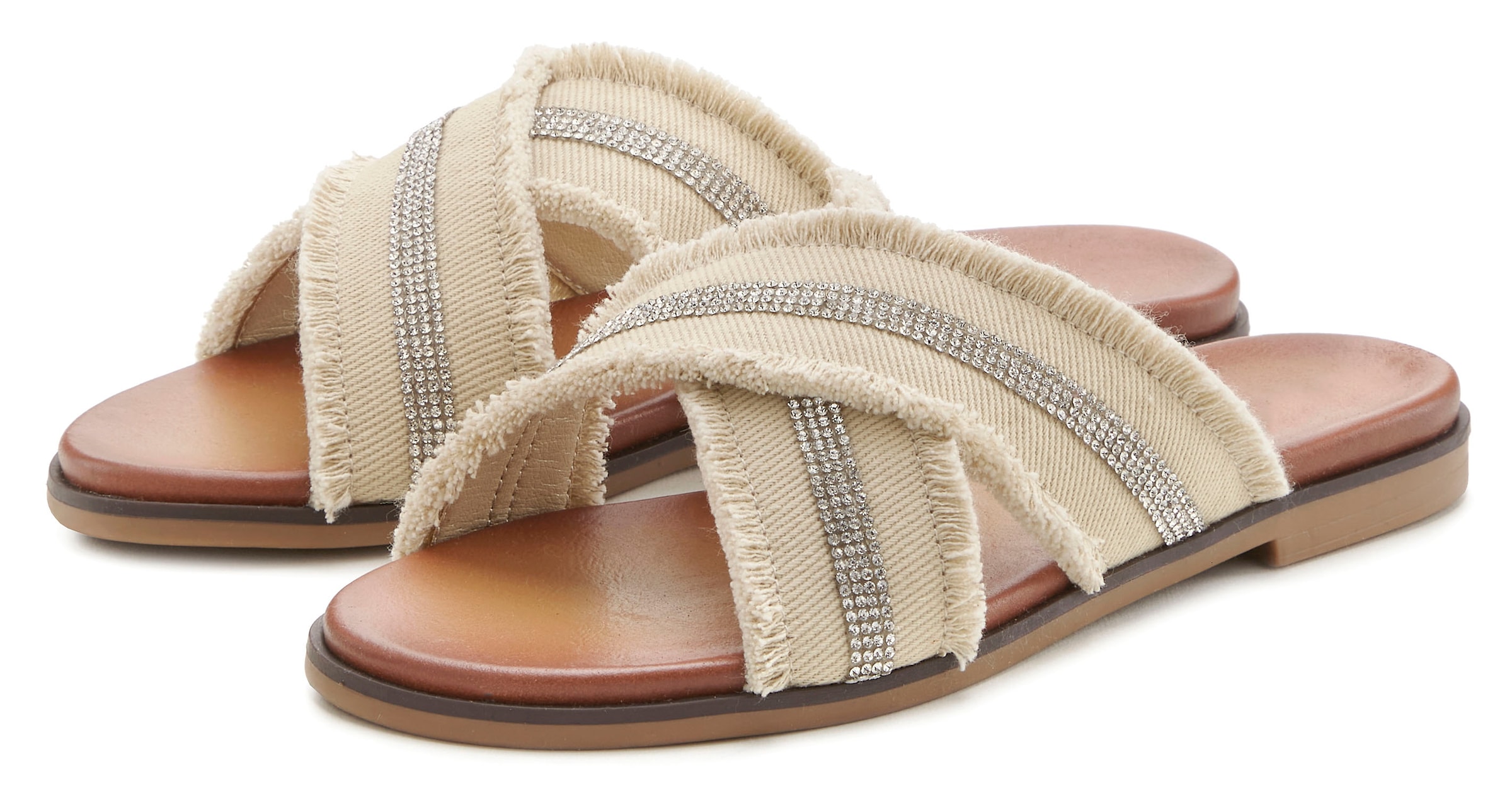 Image of Vivance Pantolette "Mule, Sandale, Sommerschuh, offener Schuh," mit dezenten Strasssteinchen und kleinen Fransen