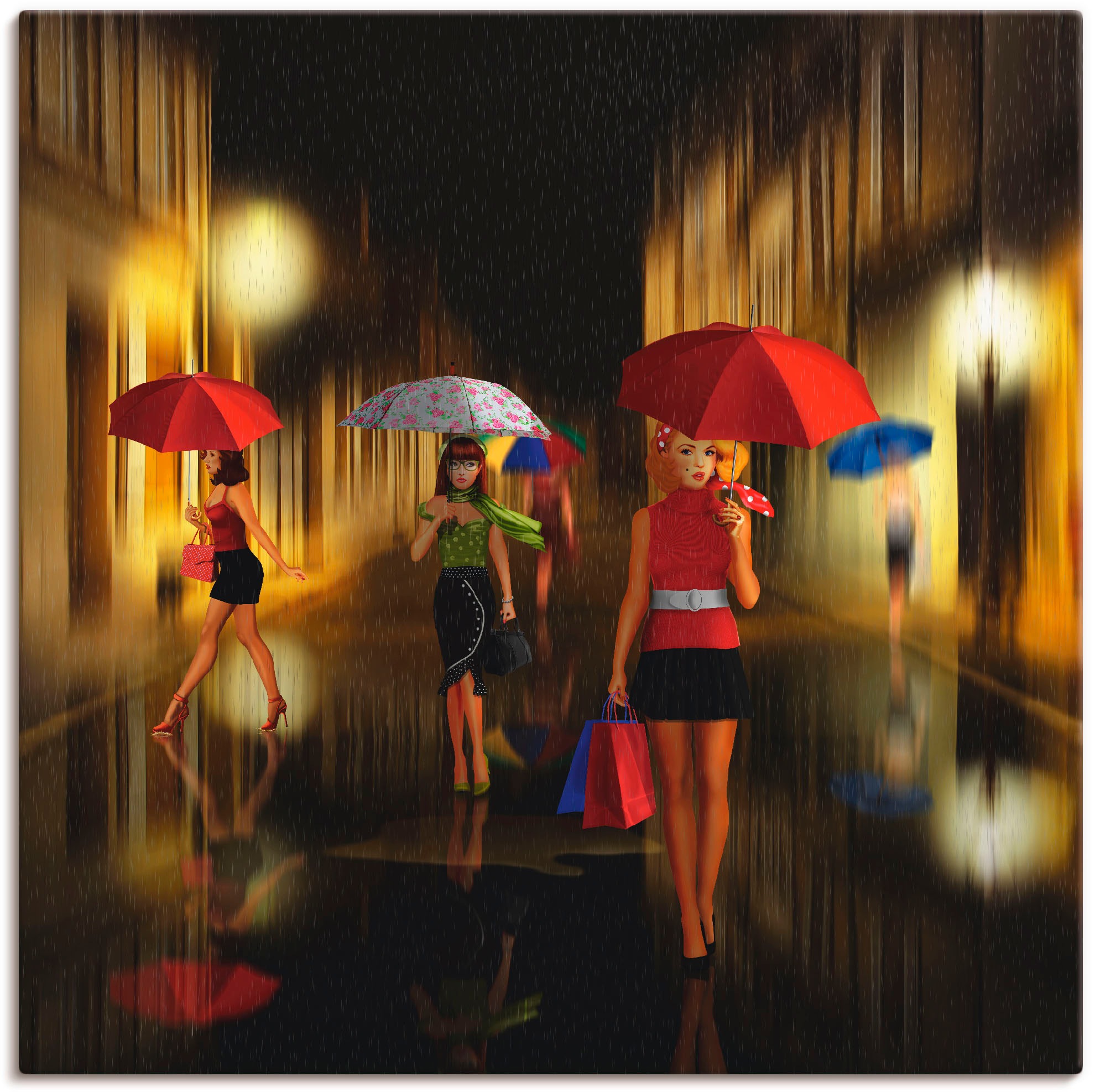 Image of Artland Wandbild »Frauen beim Einkaufen im Regen«, Frau, (1 St.), in vielen Grössen & Produktarten - Alubild / Outdoorbild für den Aussenbereich, Leinwandbild, Poster, Wandaufkleber / Wandtattoo auch für Badezimmer geeignet bei Ackermann Versand Schweiz