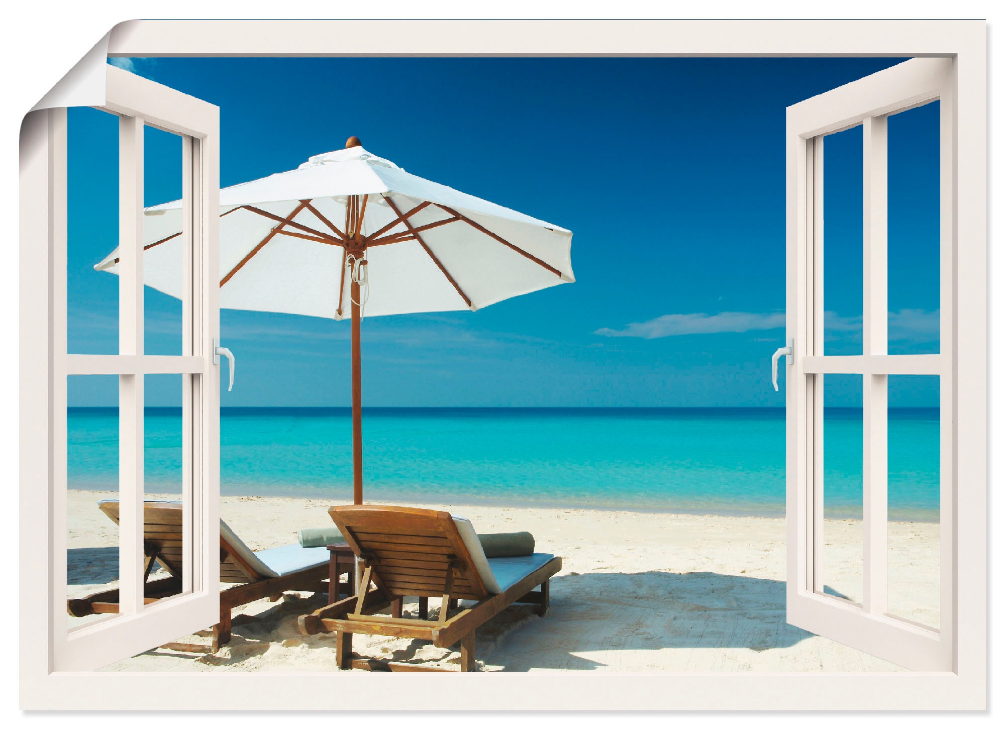 Image of Artland Wandbild »Fensterblick - Zwei Liegestühle«, Fensterblick, (1 St.), in vielen Grössen & Produktarten -Leinwandbild, Poster, Wandaufkleber / Wandtattoo auch für Badezimmer geeignet bei Ackermann Versand Schweiz