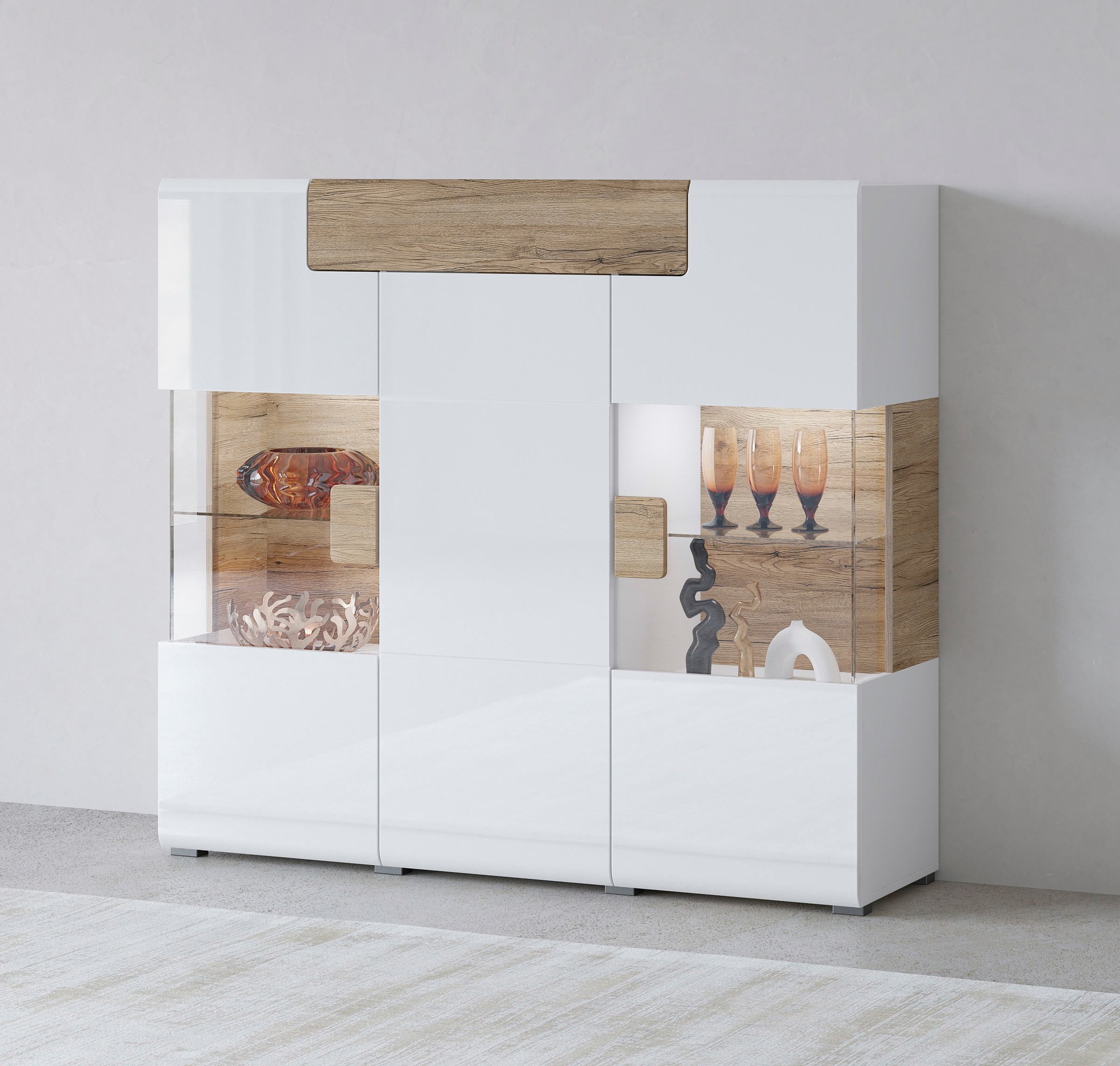 Image of GOODproduct Highboard "Toledo,Breite 147,5cm,trendige Hochkommode mit 3Türen und Schublade" Hochschrank mit Glas-Partien,stylische Hochglanzfronten