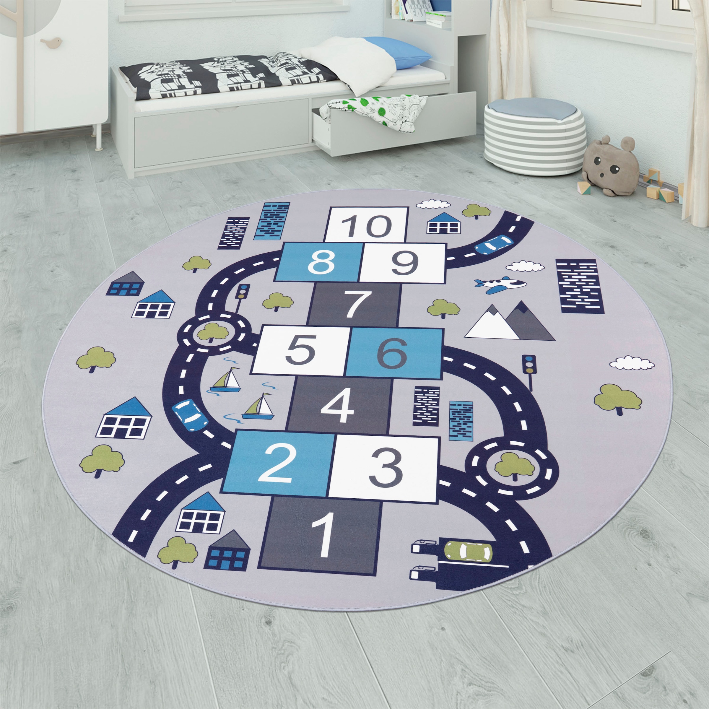 Image of Paco Home Kinderteppich "Bino 565" rund 4 mm Höhe Kurzflor, Strassen-Spiel-Teppich & Spielmotiv Hüpfkästchen