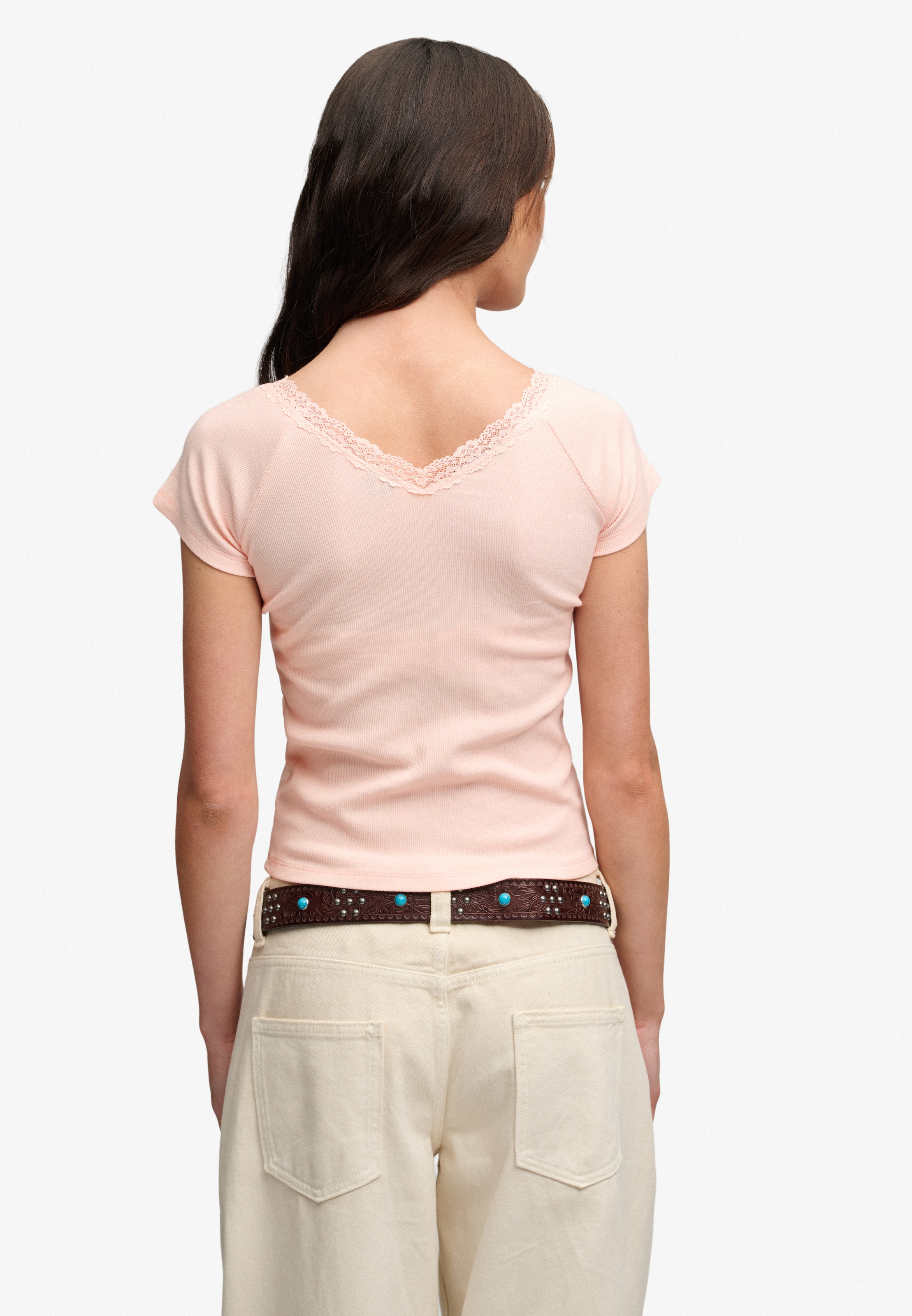 Superdry T-shirt en V »ATH ESS LACE TRIM V TEE« avec pointe
