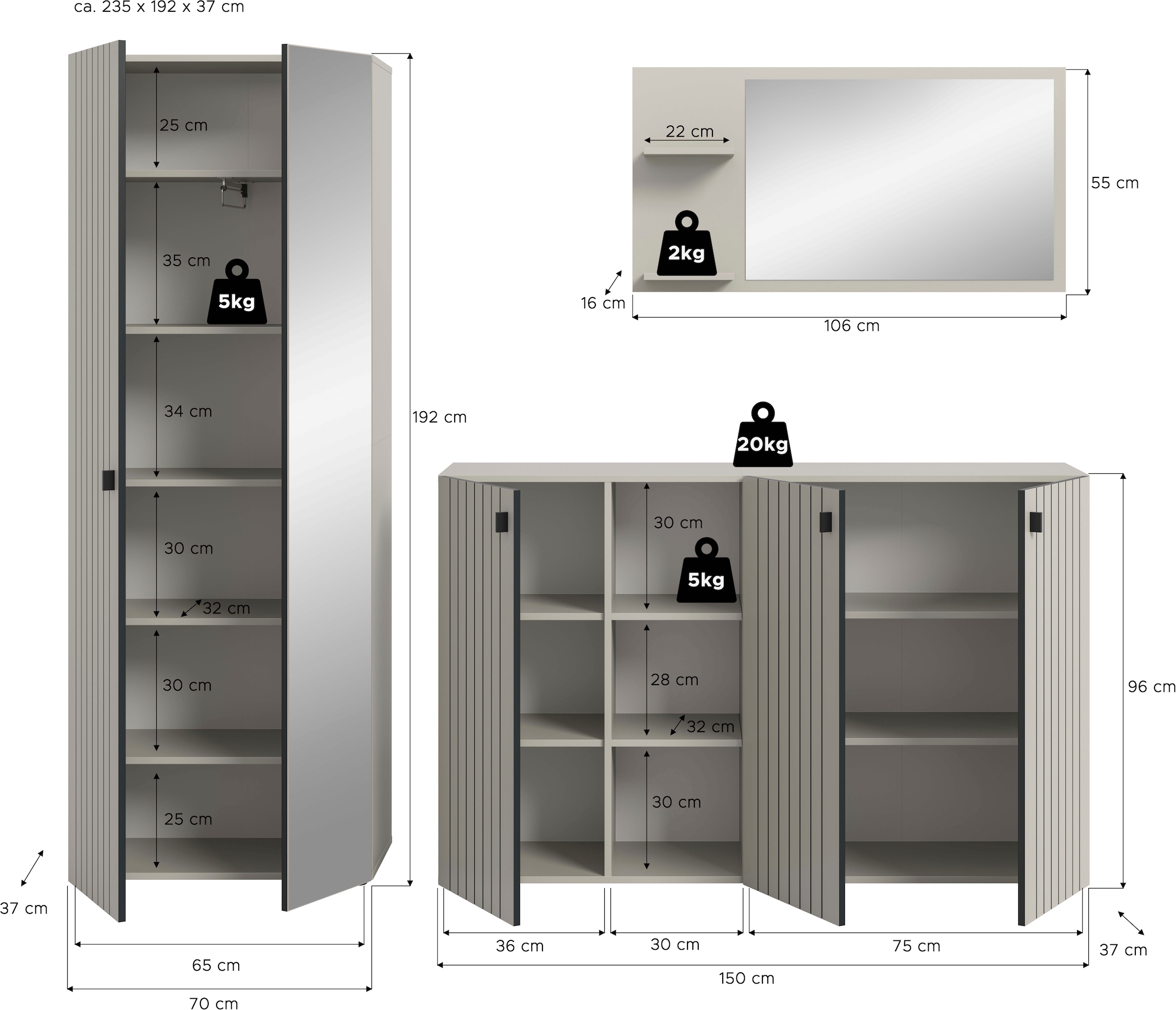 Home affaire Garderoben-Set »TATIO, 3-tlg. Garderobenkombination, Breite: 235 cm, Rillenfräsung« Set, Set, best. aus: 1 Garderobenschrank, 1 Garderobenspiegel, Schuhkommode, 3 Stk. tlg.