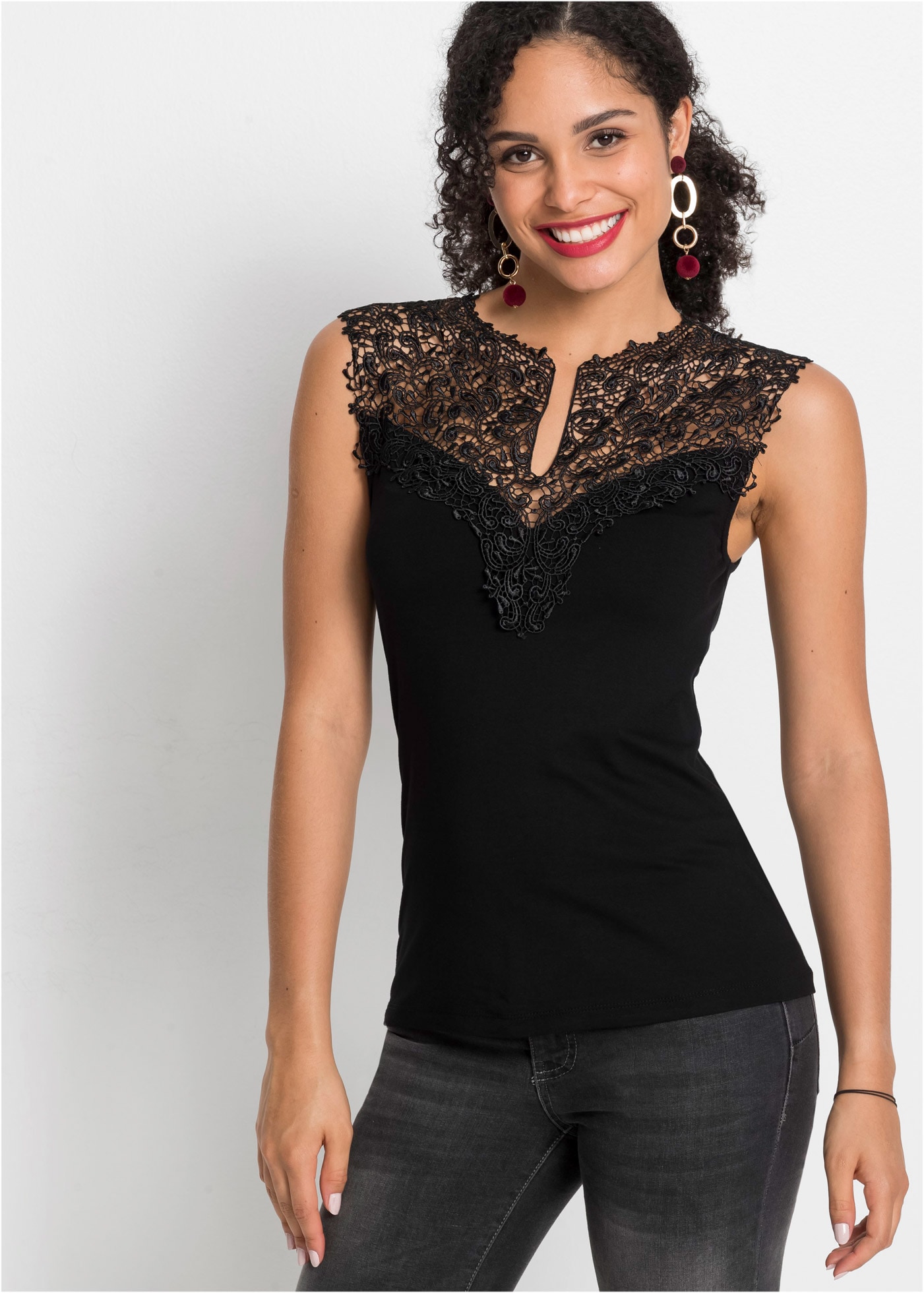 Image of bonprix Spitzentop "Top aus fliessendem Viskose-Mix" figurenbetonte Passform, ärmelloses Design, eleganter Stil, mit Spitze