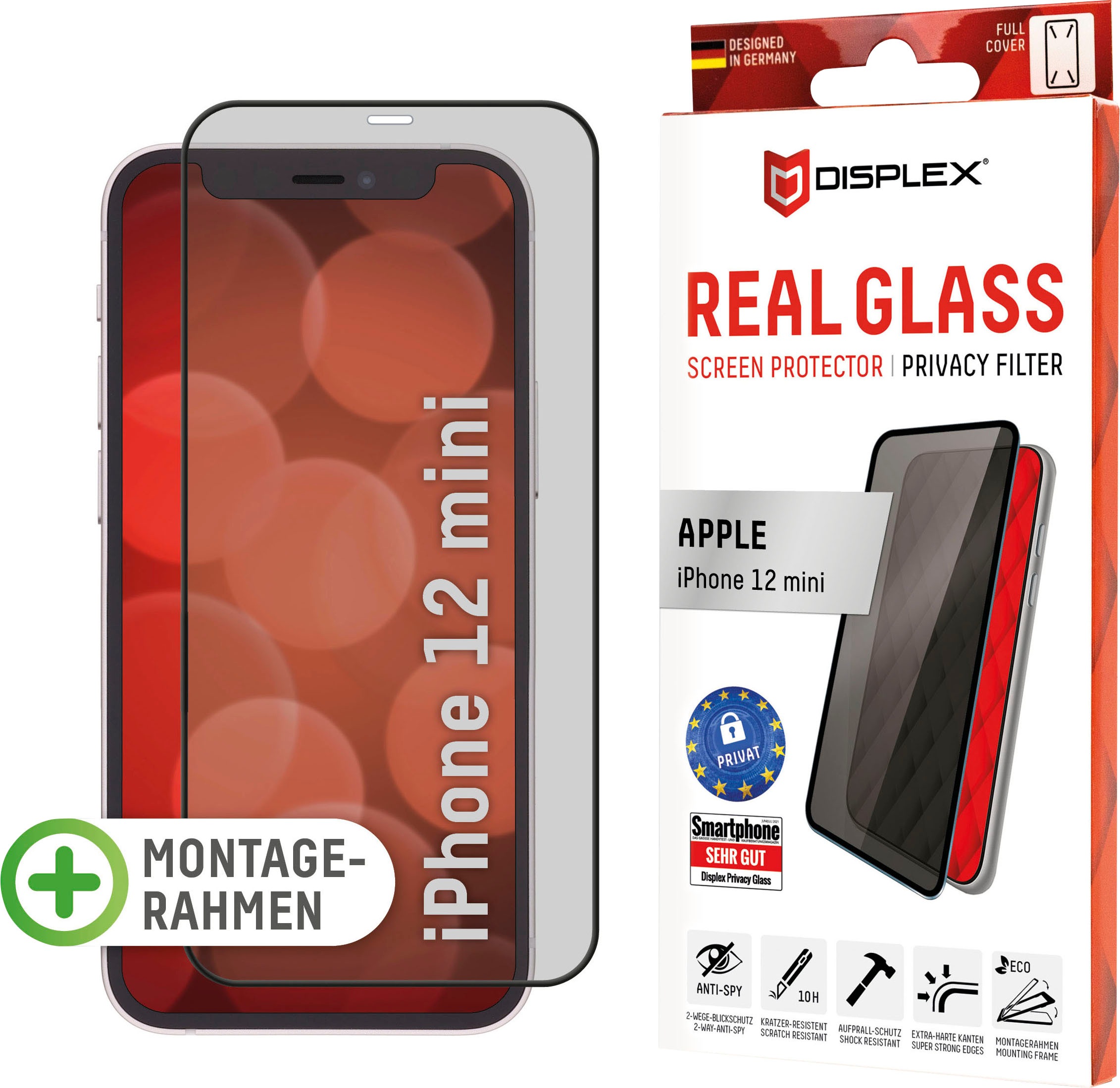 Image of Displex Displayschutzglas »DISPLEX Privacy Glass Panzerglas für Apple iPhone 12 mini (5,4"), 10H Tempered Glass, mit Montagerahmen, Full Cover«, für Apple iPhone 12 Mini bei Ackermann Versand Schweiz