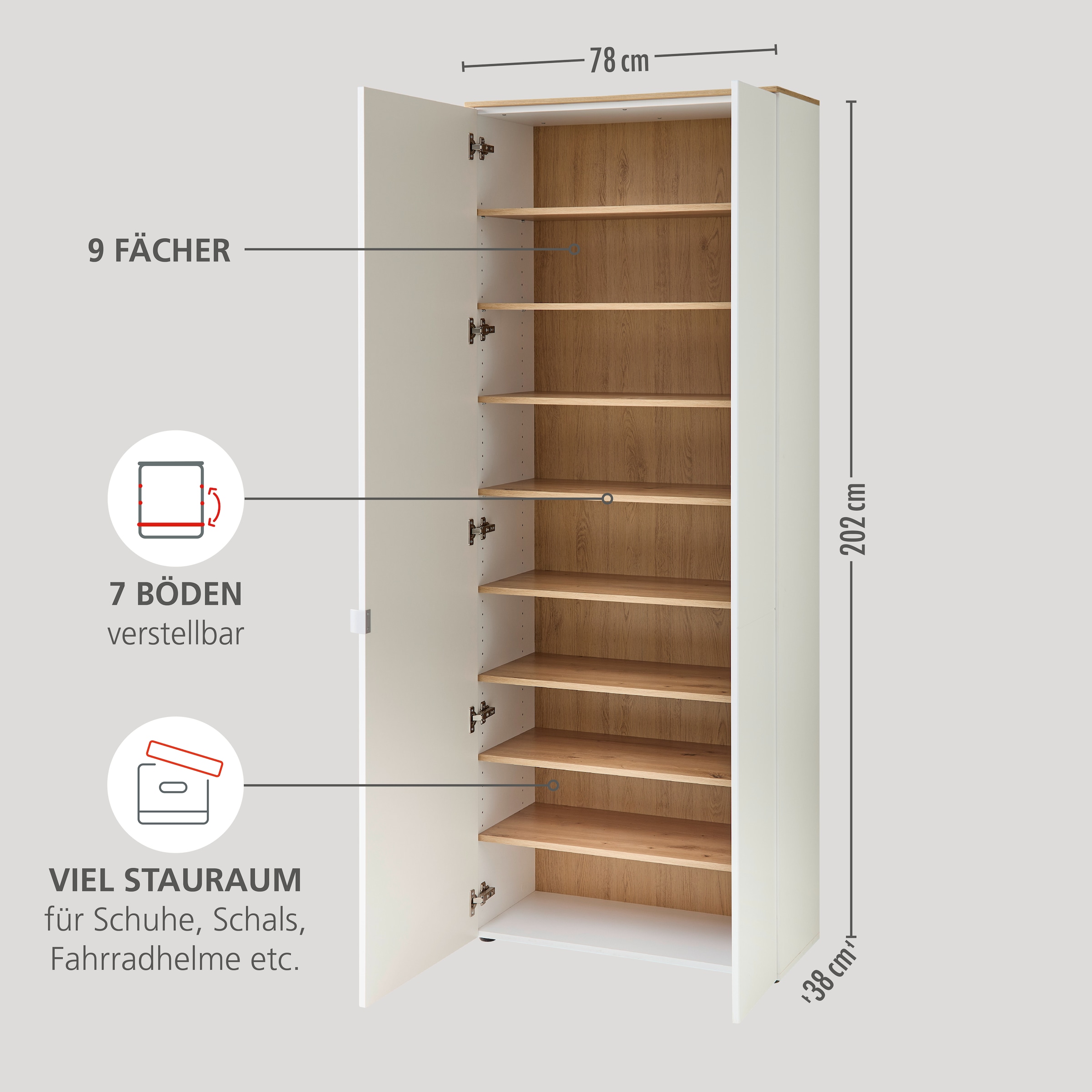 Innostyle Schuhschrank »Bari Schuhschrank, BxHxT 78x202x38 cm« 1 Stk. tlg. 2 türig, 9 Fächer, Softclose, ABS Kantenschutz
