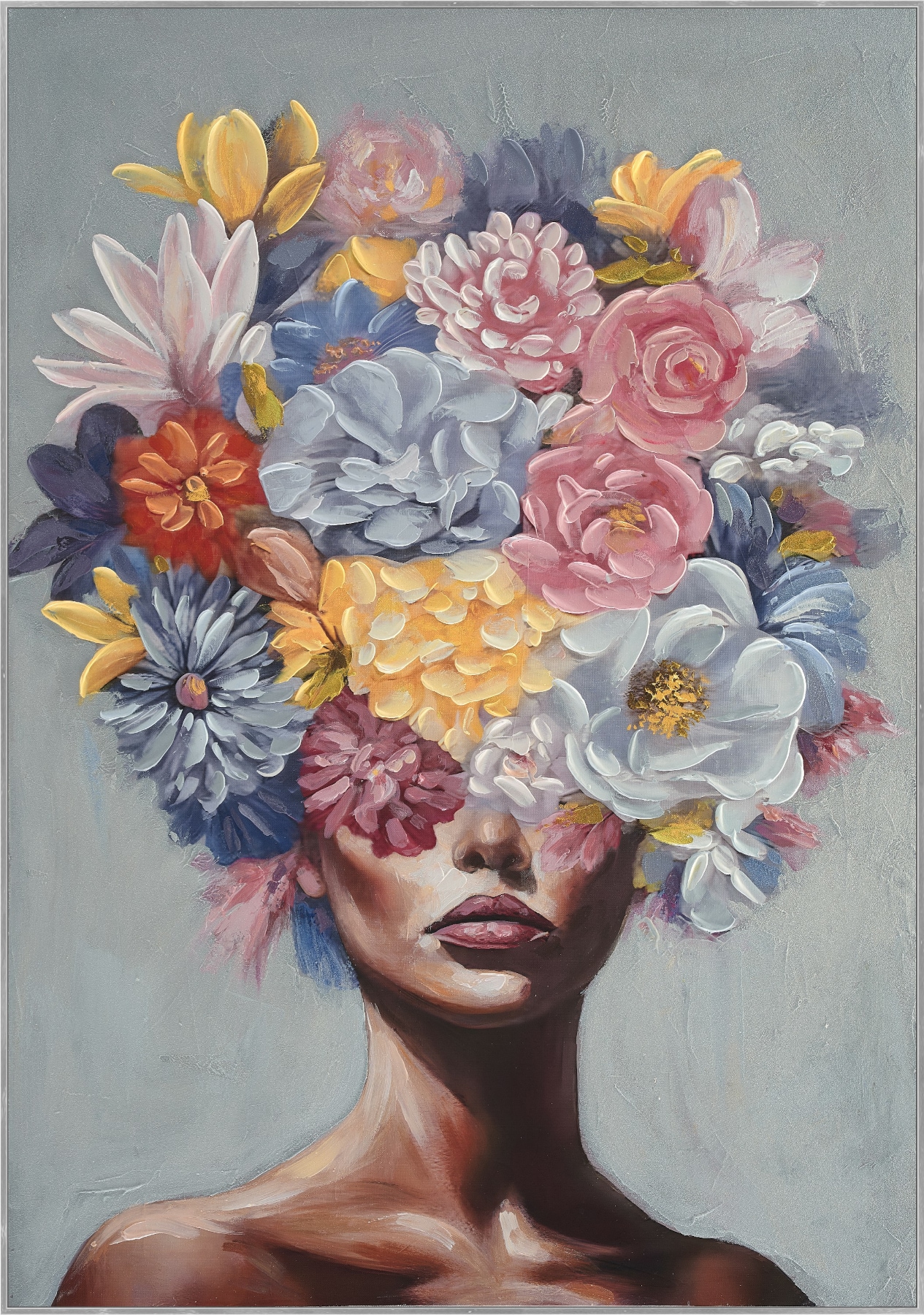 Image of Bönninghoff Ölgemälde "handarbeit gerahmt FRAU MIT BLUMEN 60x90 cm – Wandbild Deko" Blumen Frau Portrait 1 Stk. tlg. handgefertigt, jedes Bild ein Unikat, Schattenfugenrahmen