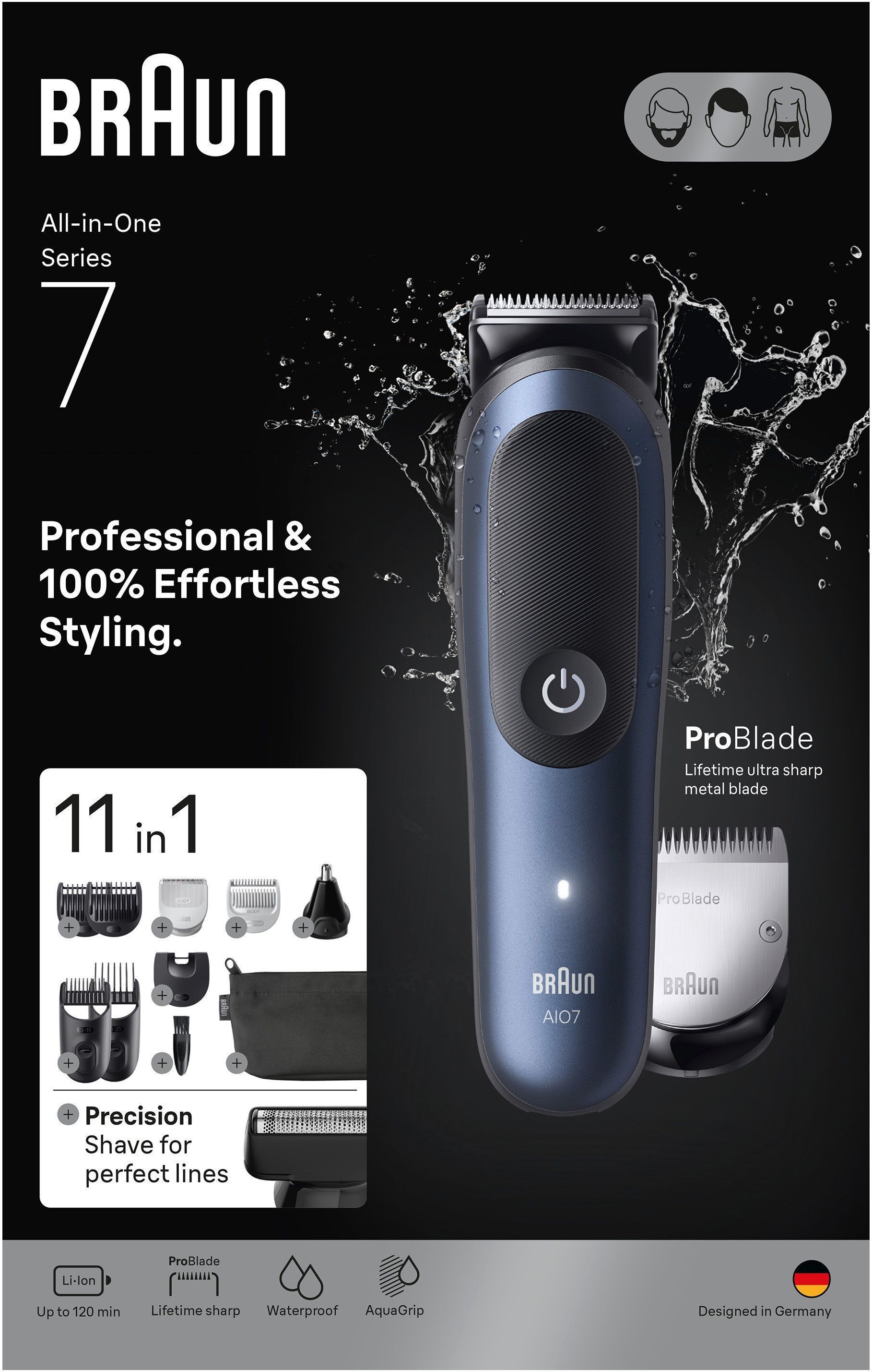 Braun Tondeuse à cheveux »Braun All-in-One Series 7, 11-in-1 Groomingset« batterie 120 min, technologie SkinGuard, AquaGrip pour utilisation sous l’eau