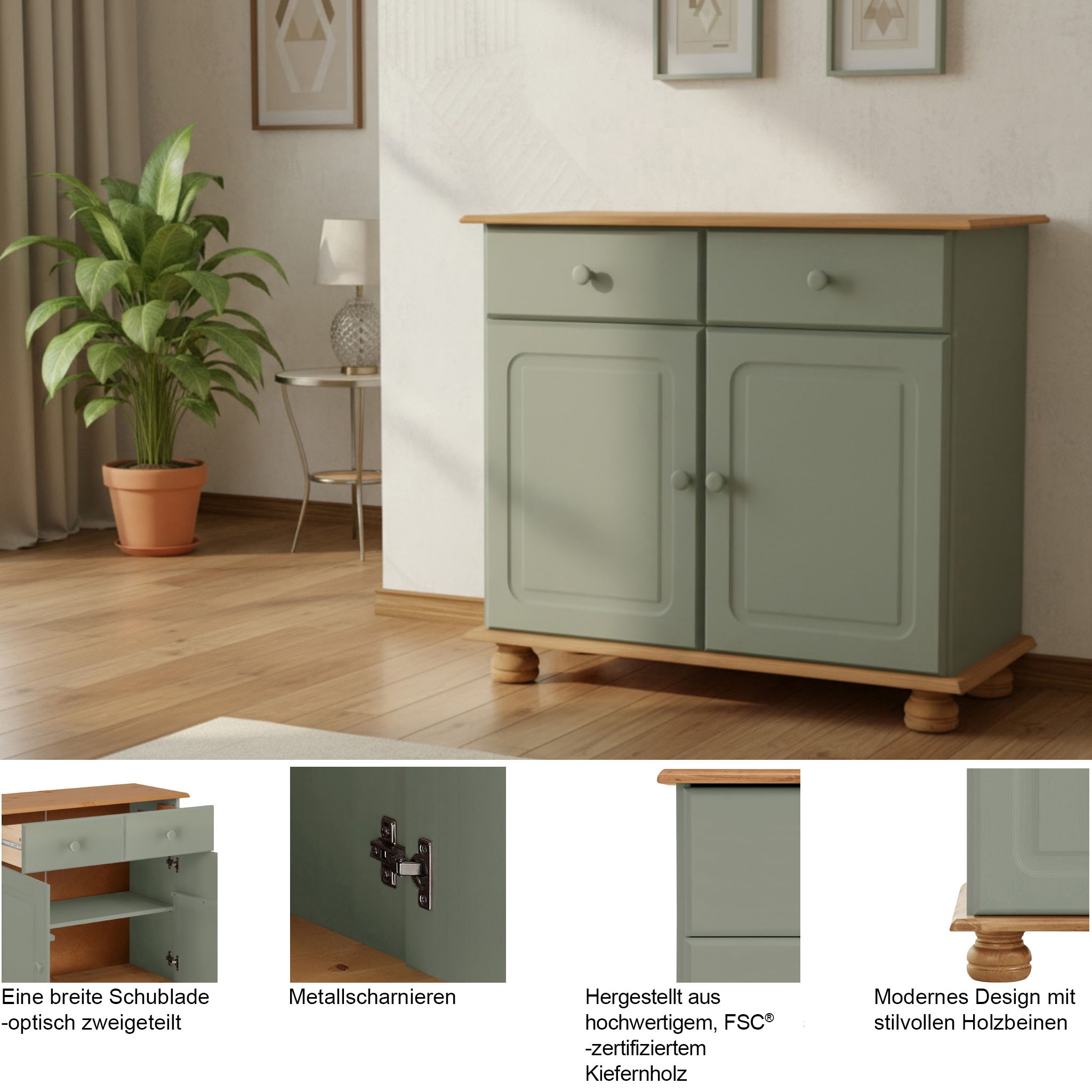 GOODproduct Sideboard »Mette Kommode mit 2 Türen, 1 Schublade - optisch zweiteilig & 2 Fächer« Kommode in Natur mit gefrästen, kugelförmigen Füssen, Breite 80 cm