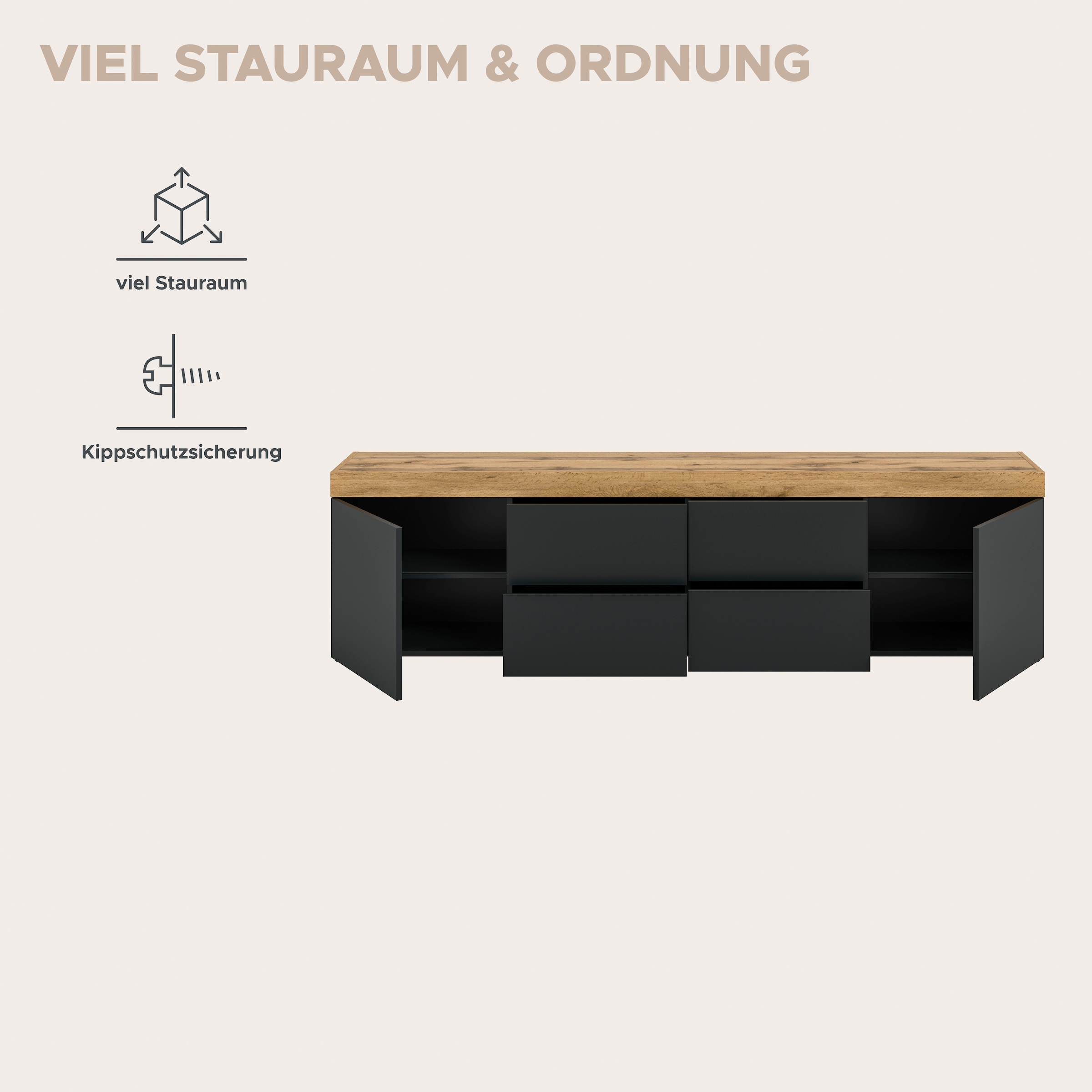 GOODproduct Table basse »MAMBO, TOPSELLER!, Breite 200cm, 2 Türen, 4 Schubkästen, push-2-open« 2 farbige Ausführung, in verschiedenen Farben erhältlich, 1 cuis tlg. Lowboard, TV Unterschrank, Tv-Schrank, Wohnzimmer